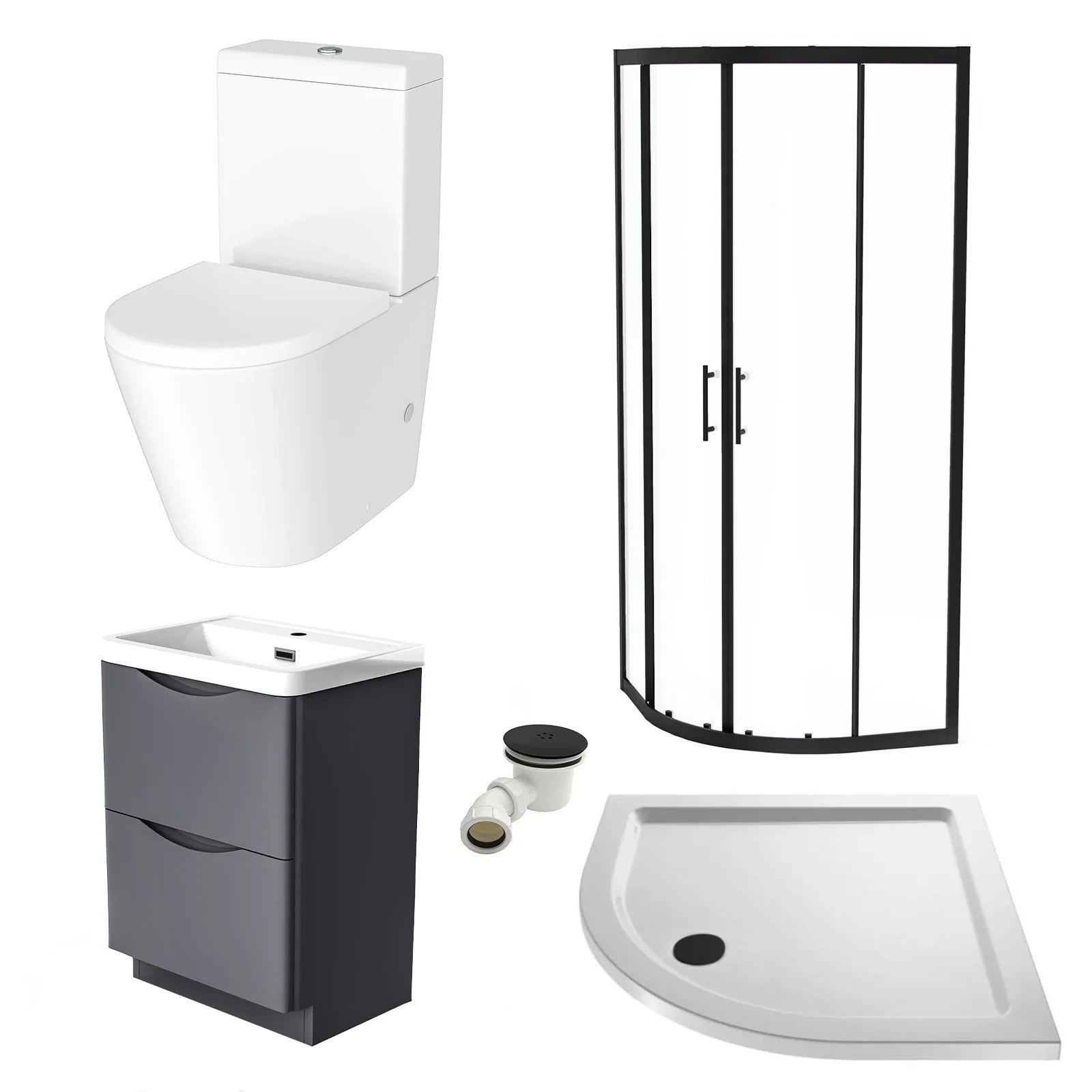 Afern 600mm 2-Drawer Freestanding Anthracite Vanity with Close Coupled Toilet & 800mm Quadrant Screen