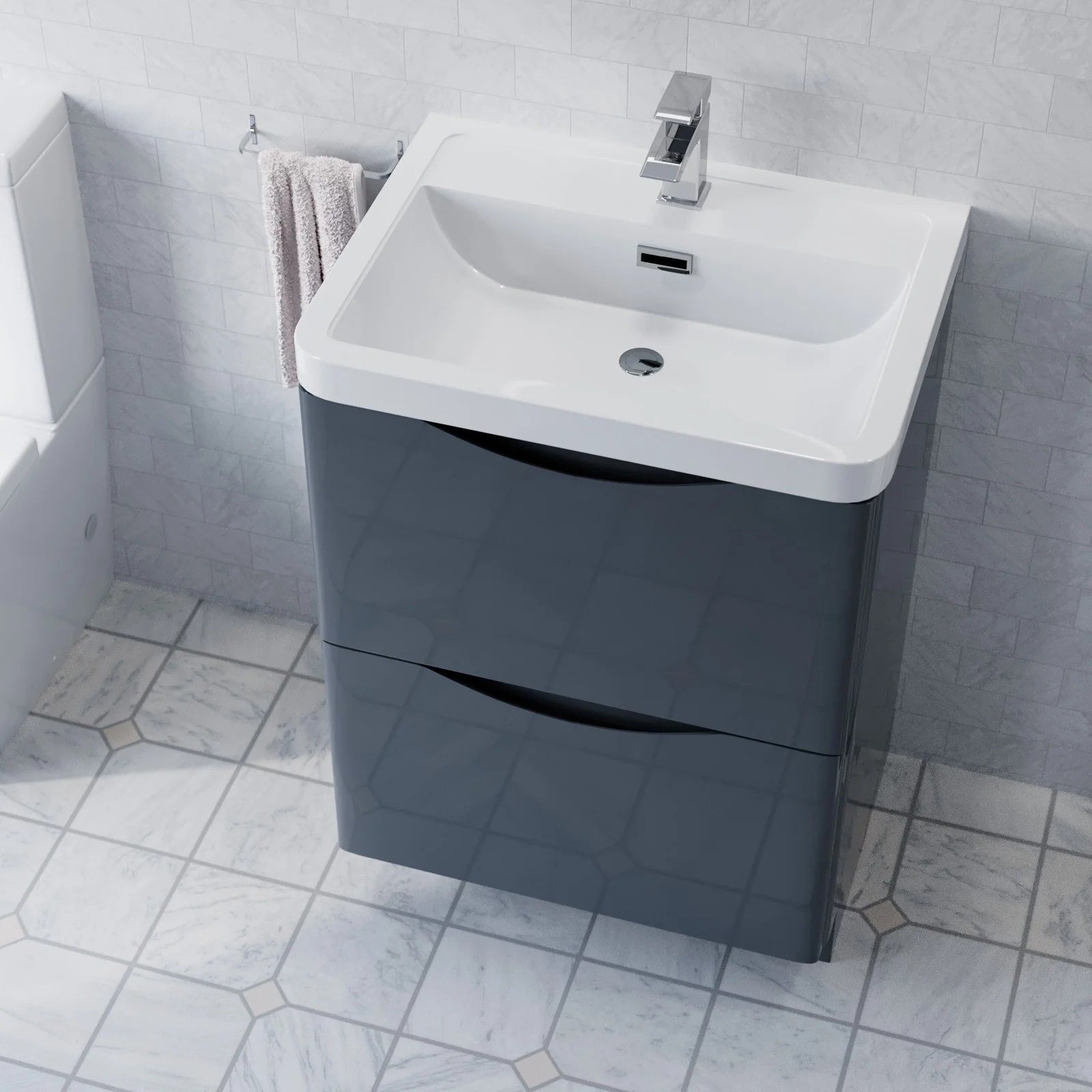 Afern 600mm 2-Drawer Freestanding Anthracite Vanity with Close Coupled Toilet & 800mm Quadrant Screen