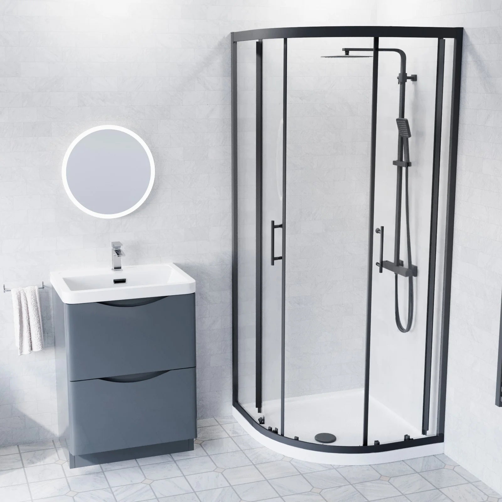 Afern 600mm 2-Drawer Freestanding Anthracite Vanity with Close Coupled Toilet & 800mm Quadrant Screen