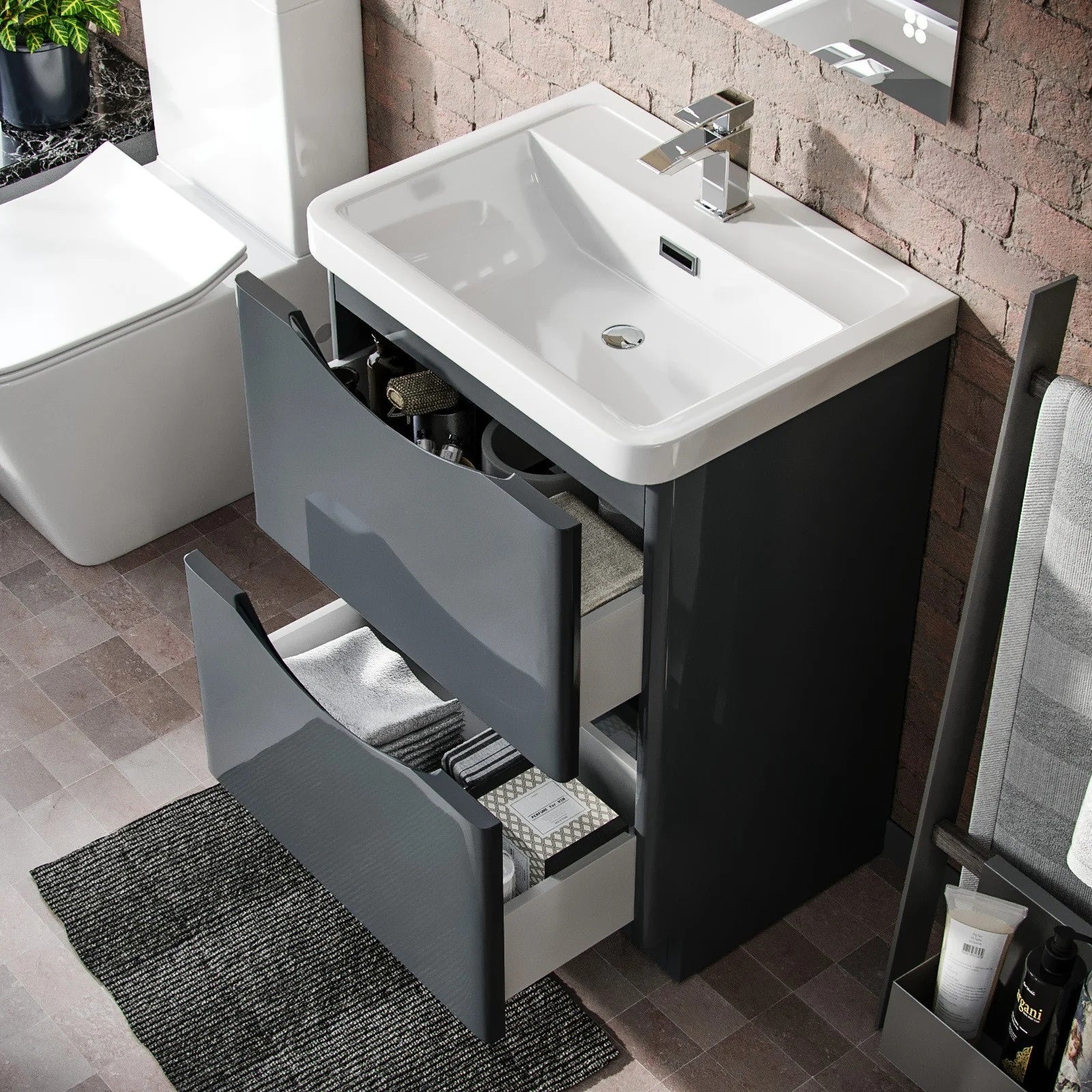 Afern 600mm 2-Drawer Freestanding Anthracite Vanity with Close Coupled Toilet & 800mm Quadrant Screen