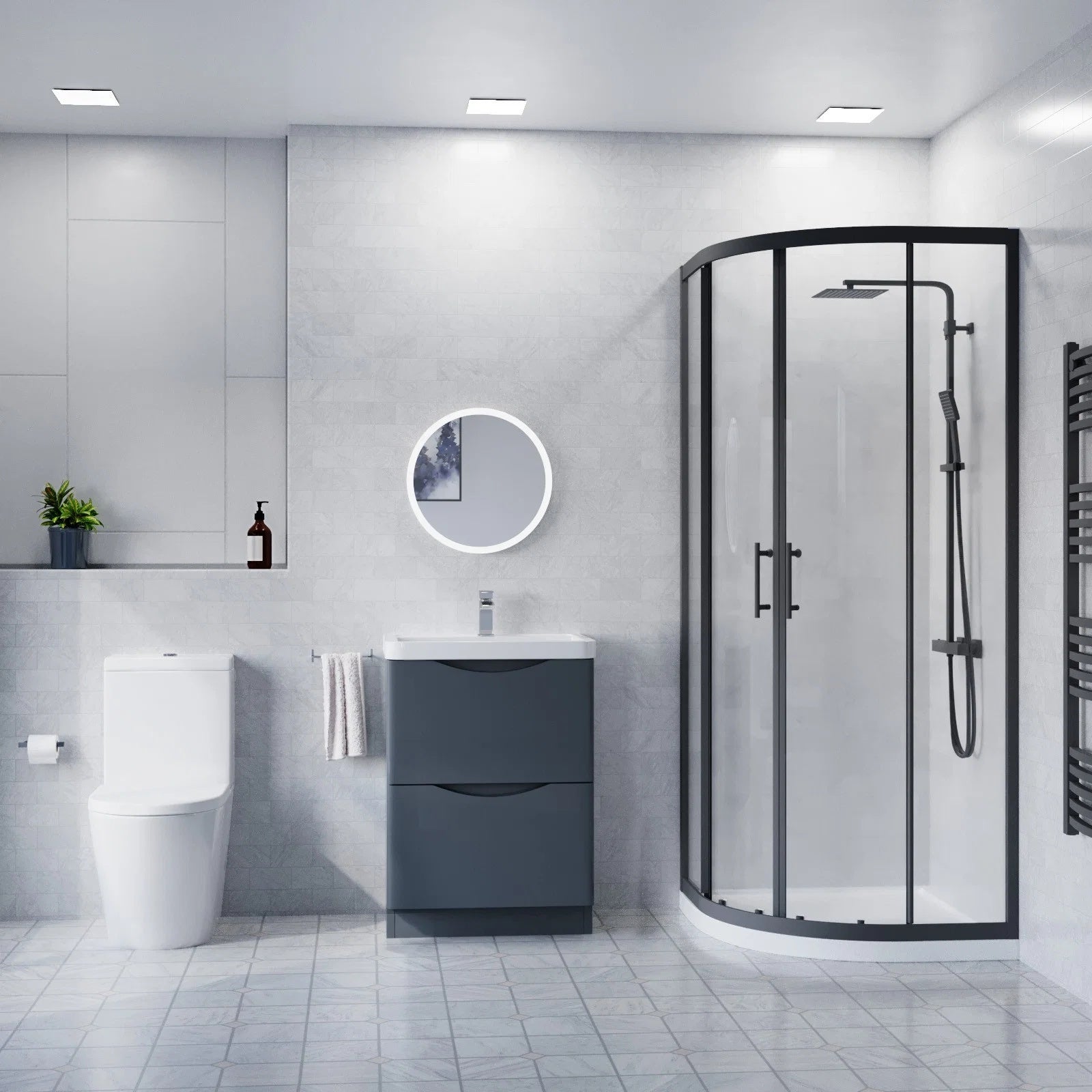 600mm Freestanding Anthracite Vanity with Close Coupled Toilet & 900mm Quadrant Screen