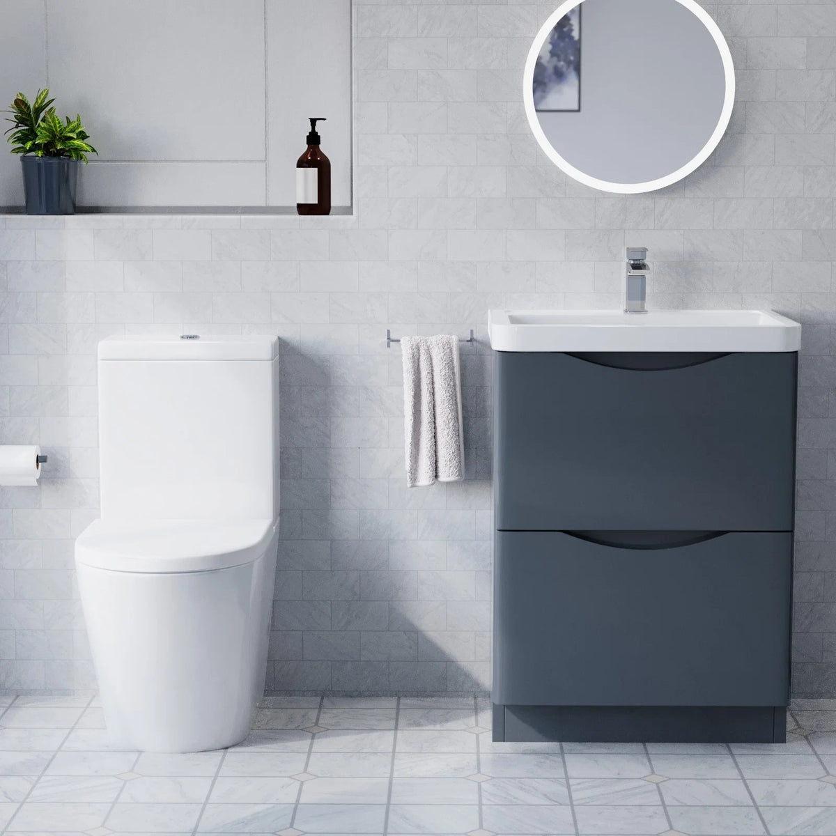 600mm Freestanding Anthracite Vanity with Close Coupled Toilet & 900mm Quadrant Screen
