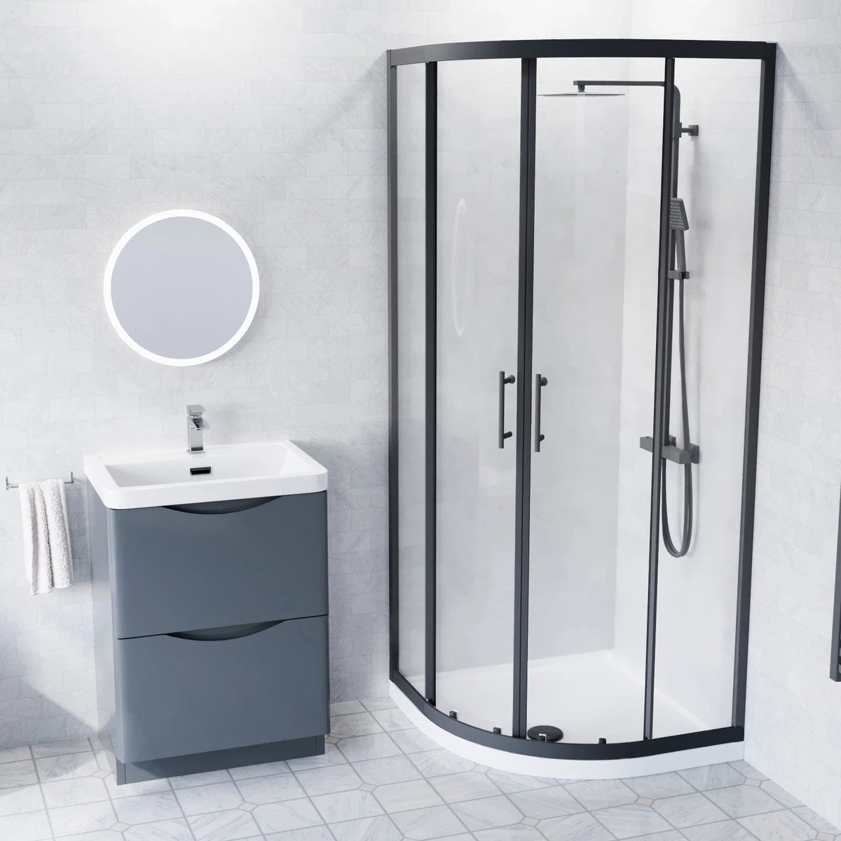 600mm Freestanding Anthracite Vanity with Close Coupled Toilet & 900mm Quadrant Screen