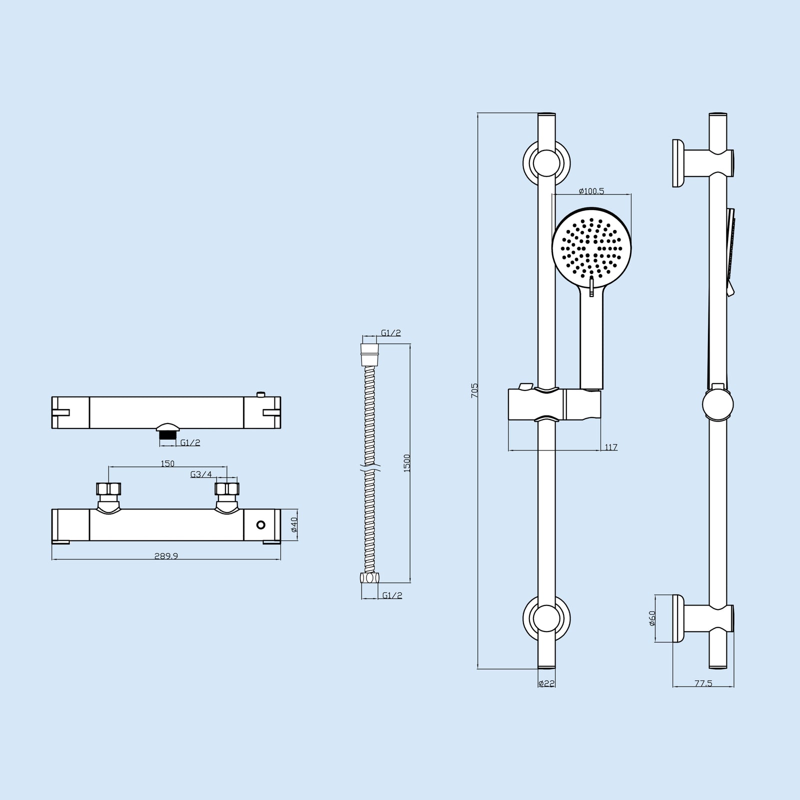 Loxley Round Thermostatic Mixer With Slider Rail & Handset Matte Black