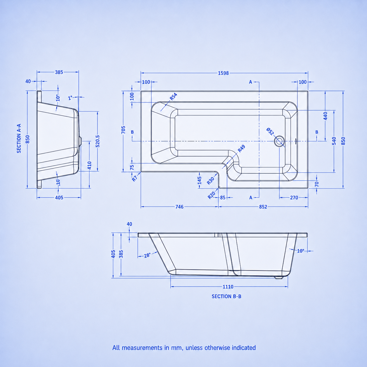 1600mm x 850mm L Shaped RH Curved Shower Bath Acrylic & Front Panel & Bath Screen