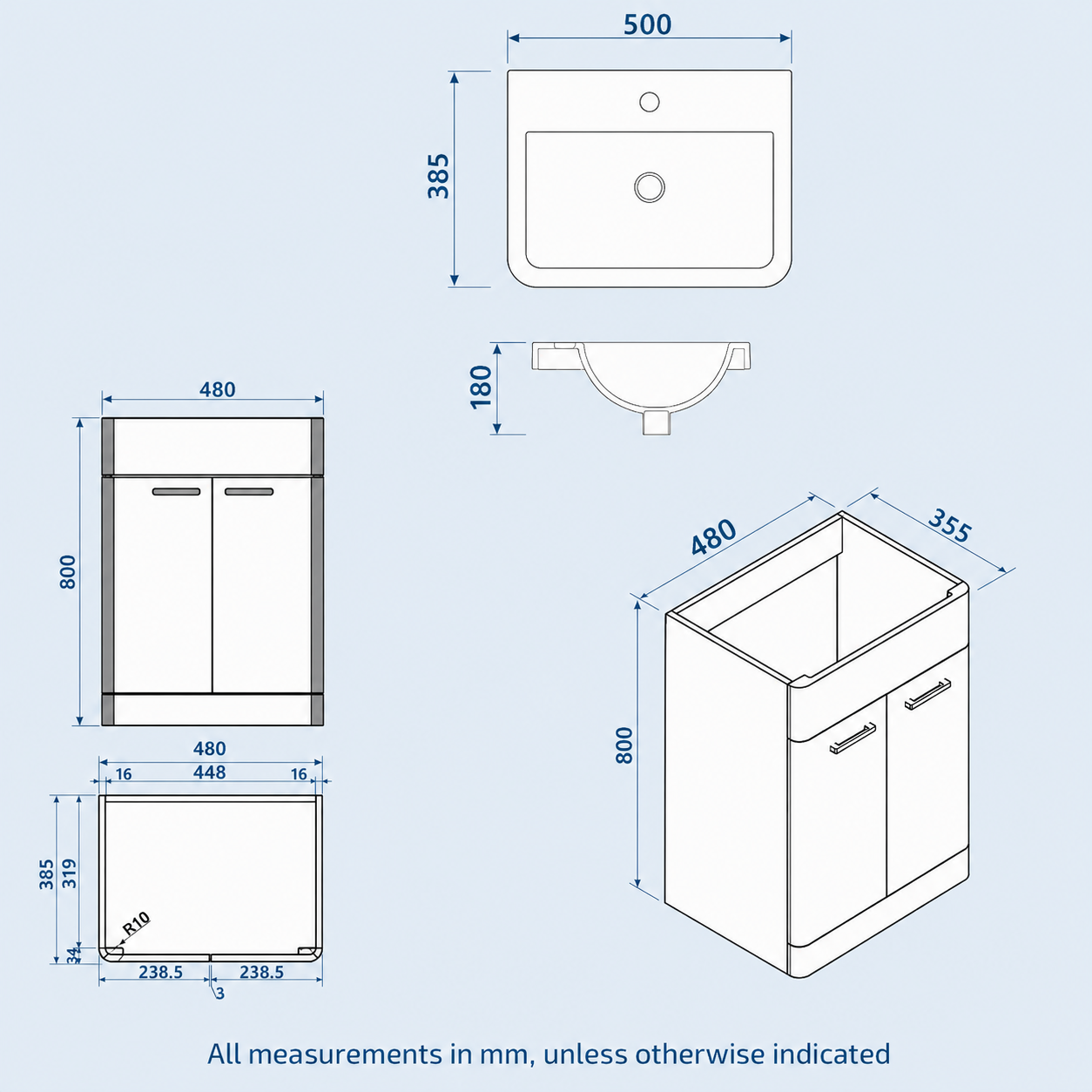 Afern 500mm Basin Vanity Cabinet, WC Unit, Rectangular Shape Toilet & Bath Bathroom Suite