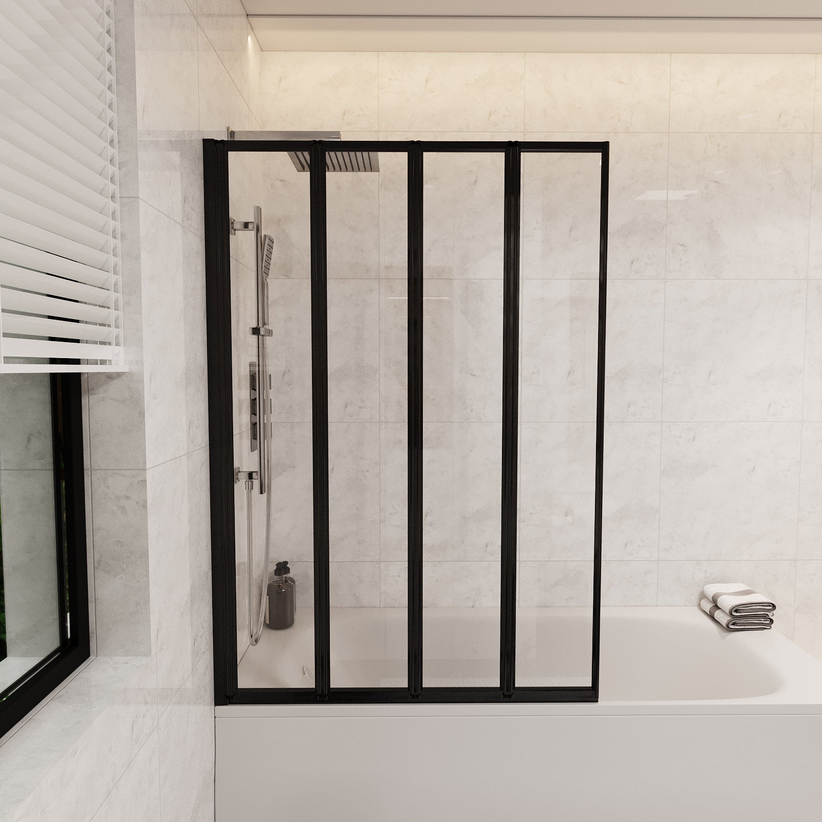 1100mm 4 Fold Folding Bath Shower Screen Matt Black Frame