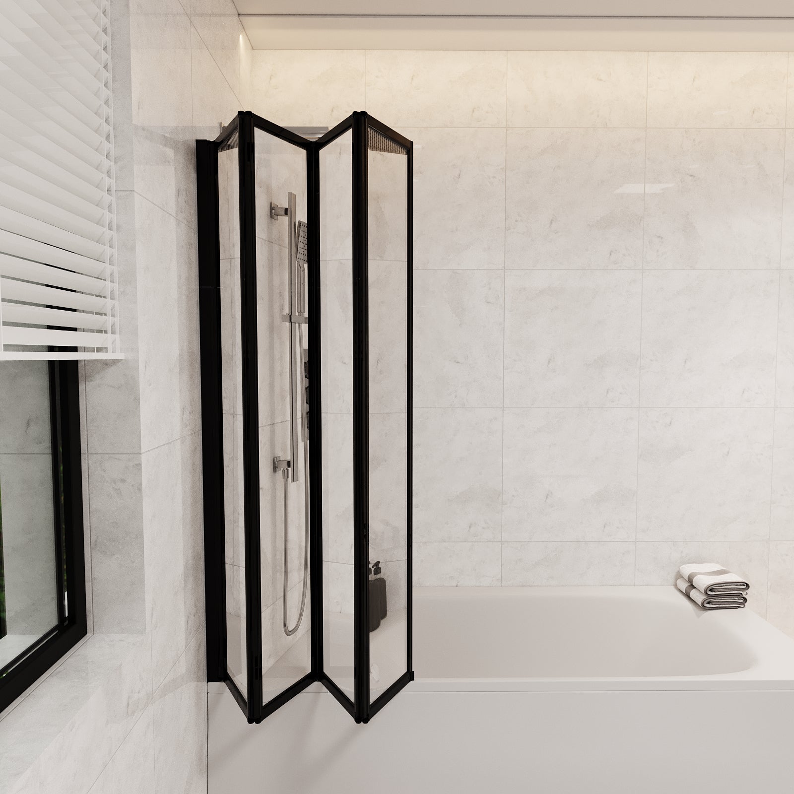 1100mm 4 Fold Folding Bath Shower Screen Matt Black Frame