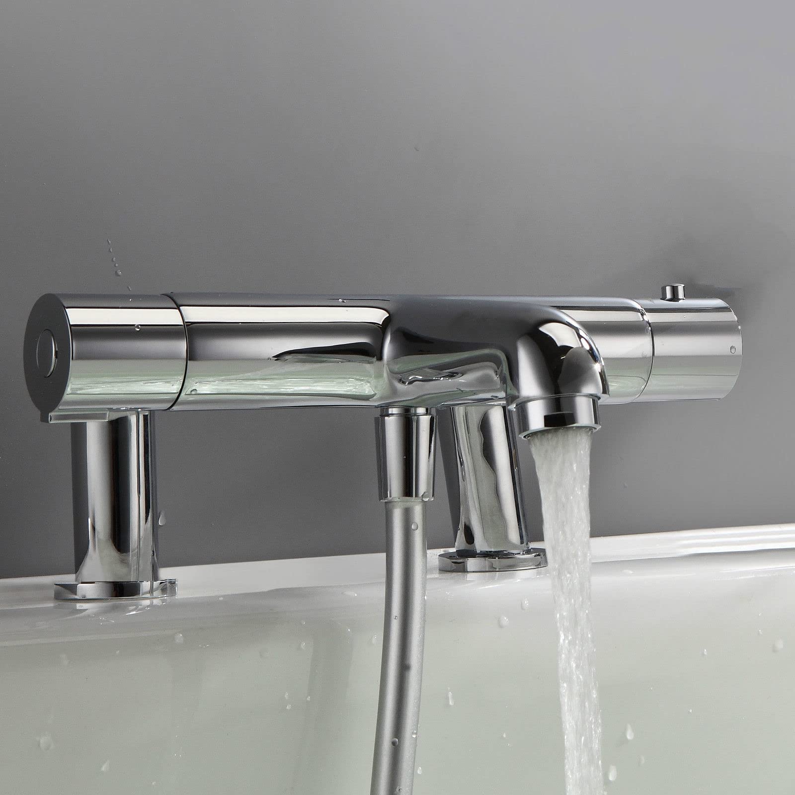 Modern Thermostatic Bath Shower Mixer TAP Deck Pillar Chrome TAPS Set