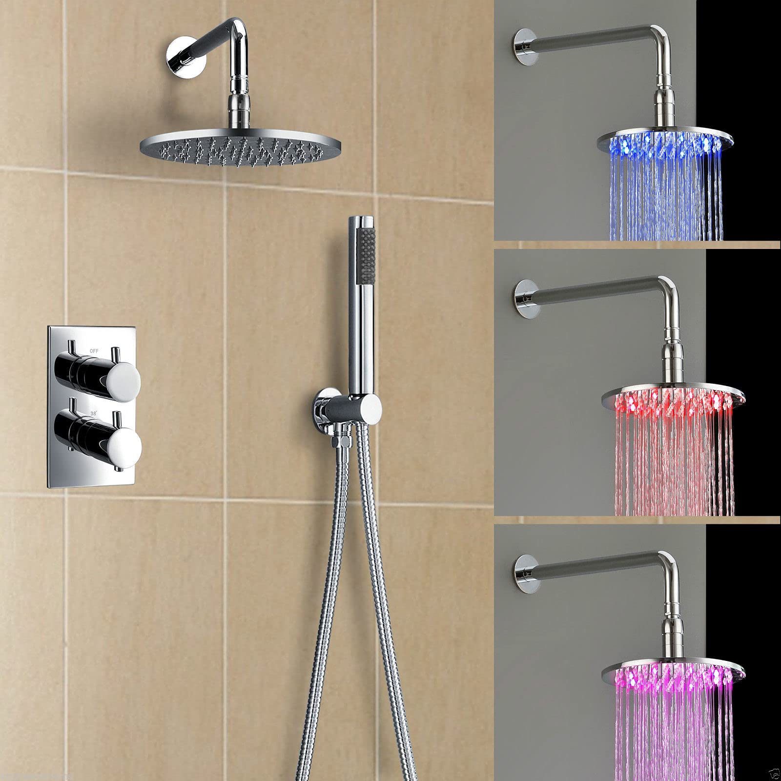 Violet Thermostatic 2 Dial 2 Way Round Set - Led Shower Head & Handset