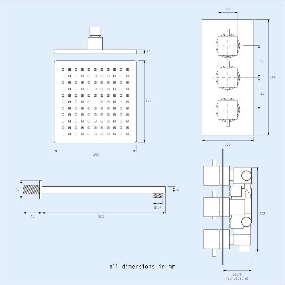 OLIVE 3 DIAL 3 WAY SQUARE SET - SHOWER HEAD +HANDSET + BODY JETS