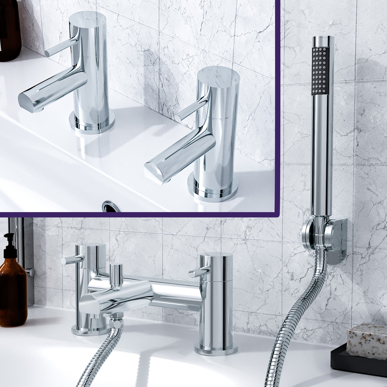 Marc Contemporary Set Of Two Basin Taps And Bath Shower Mixer Tap With Handheld Kit + Waste