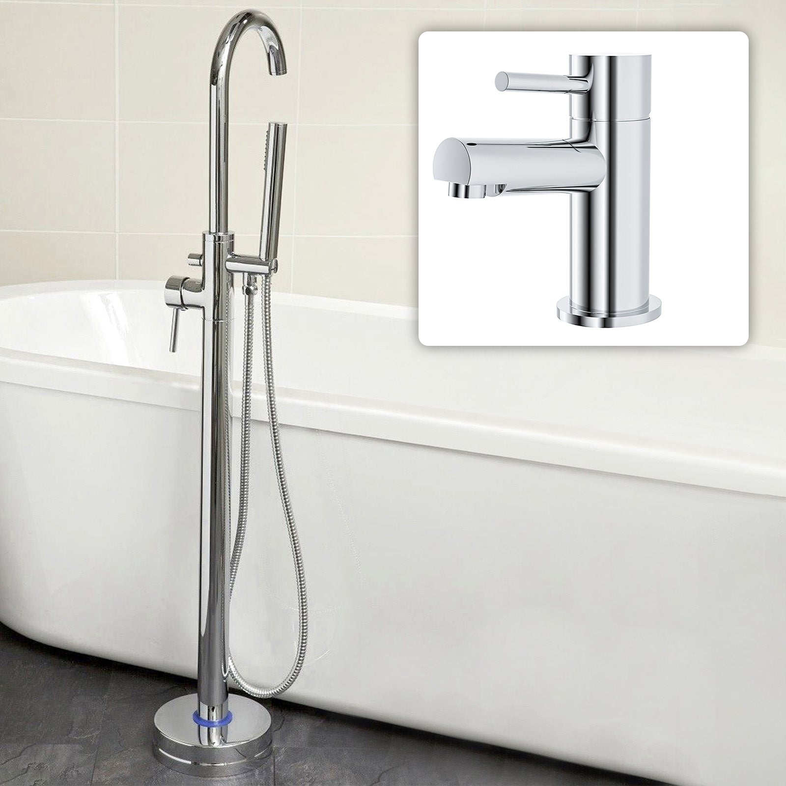 Marc Contemporary Basin Single Lever Tap And Freestanding Bath Shower Mixer Tap With Handset Kit + Click Waste