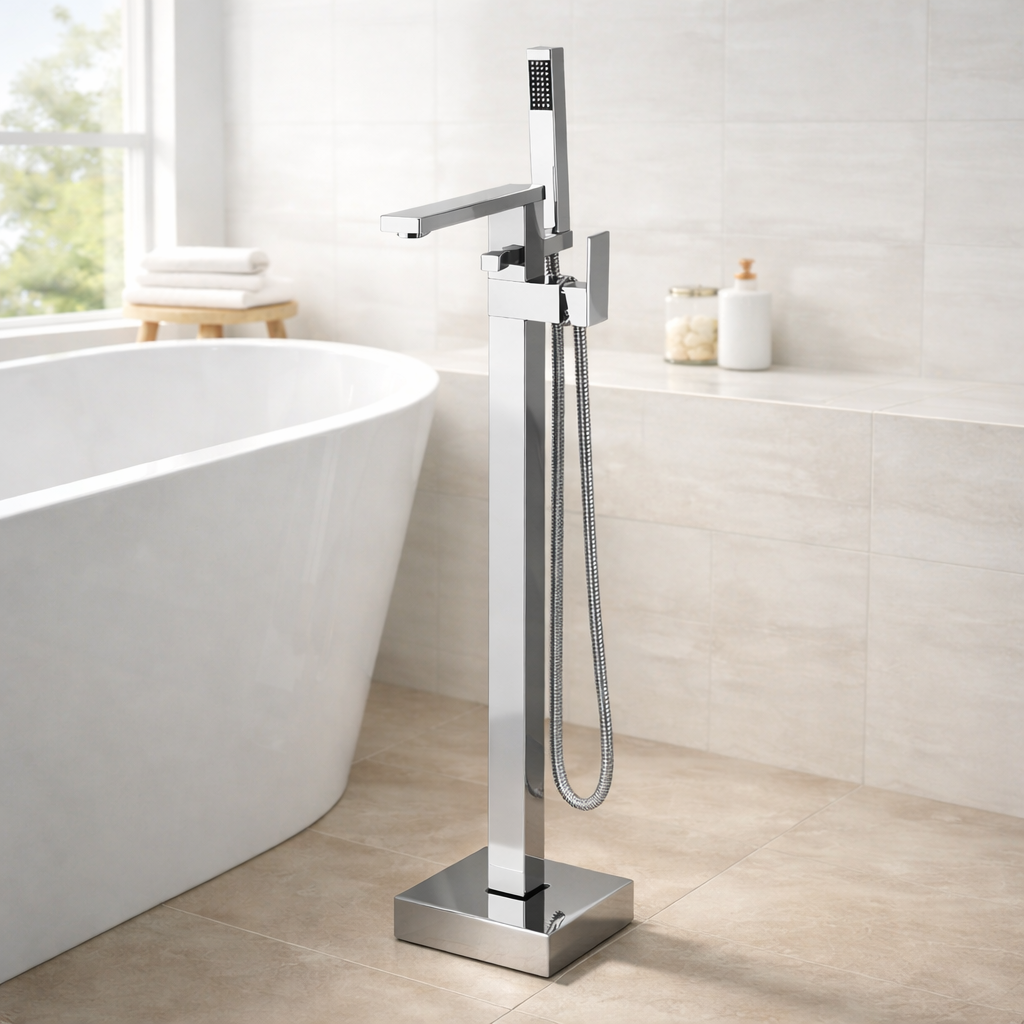 Cube Square Freestanding Bath Shower Mixer Tap, Basin Sink Mixer Tap & Push Button Slotted Basin Waste Set