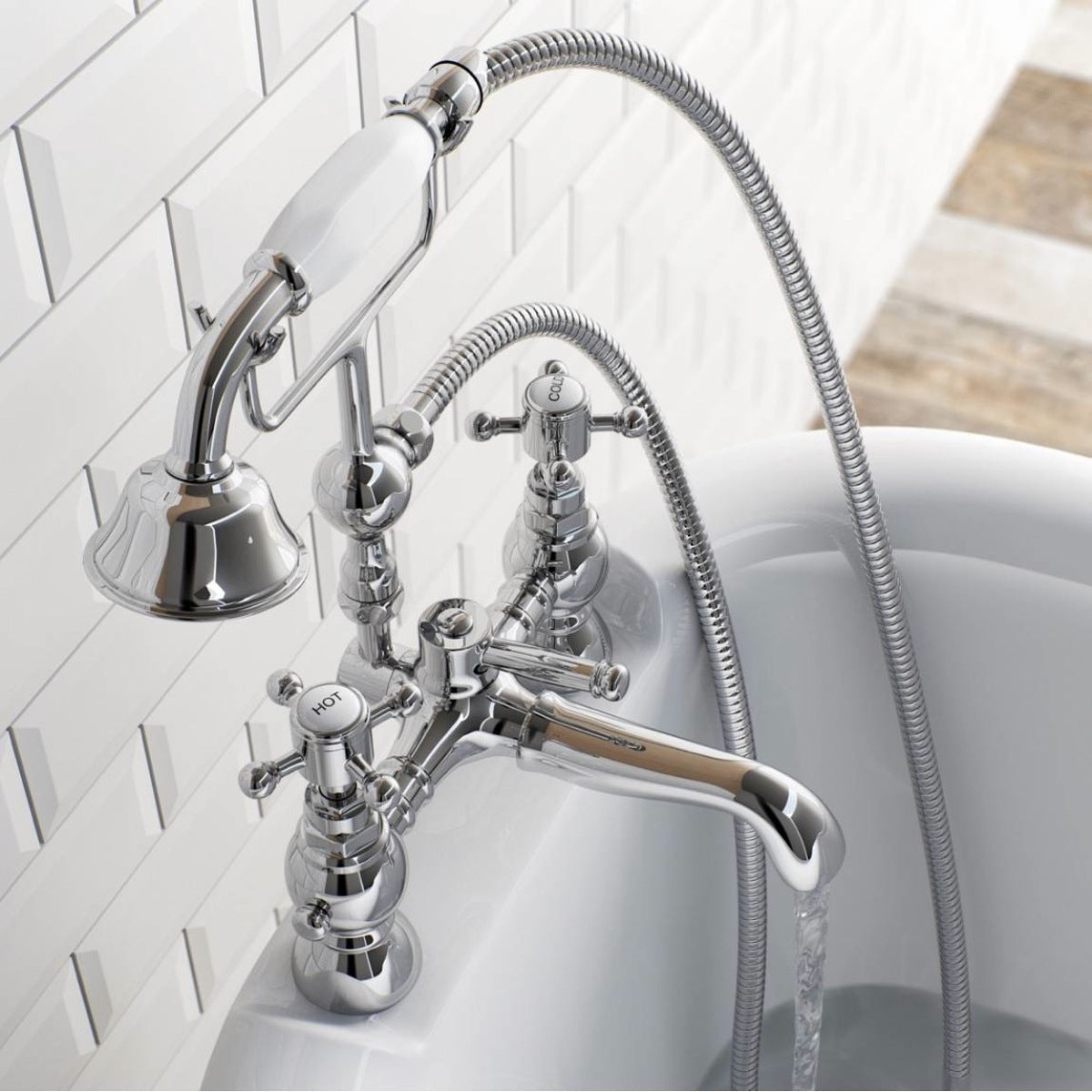 Churchill Traditional Set Of Hot & Cold Basin Taps And Bath Shower Mixer Tap With Handheld Kit