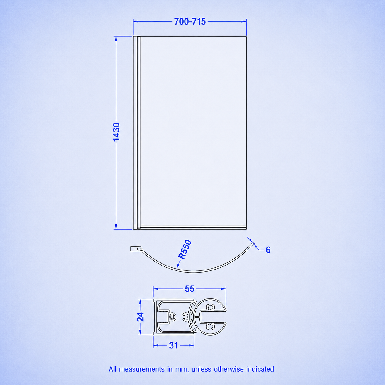 P Shaped 1600mm x 850mm RH Curved Shower Bath Acrylic & Front Panel & Bath Screen