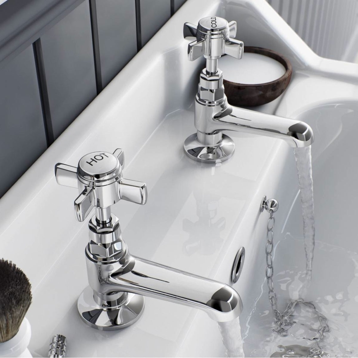 Edwardian Hot & Cold Twin Basin Taps Full Turn Cross Handle
