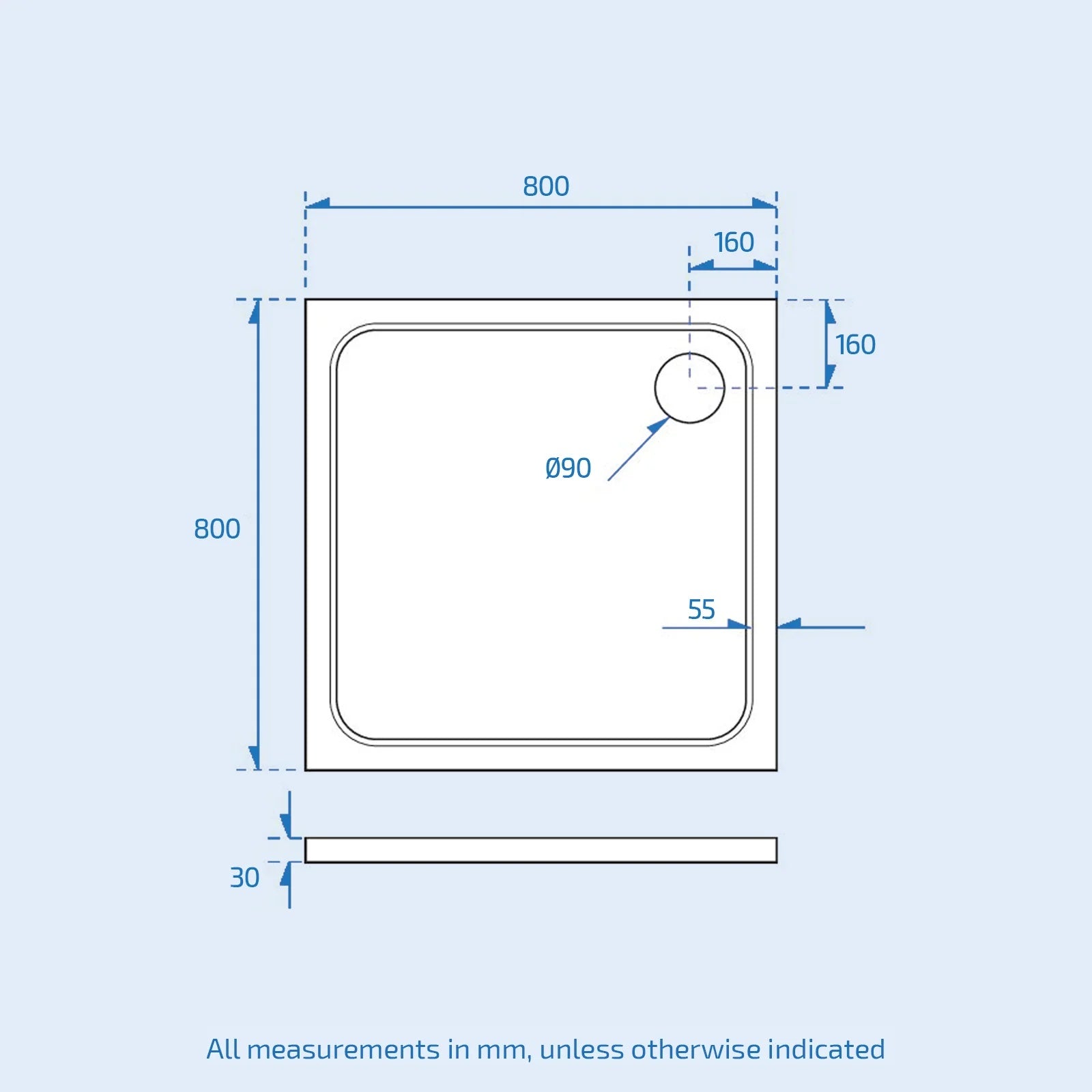 800 X 800 Wetroom Enclosure Square Resin Shower Tray 30mm Thick