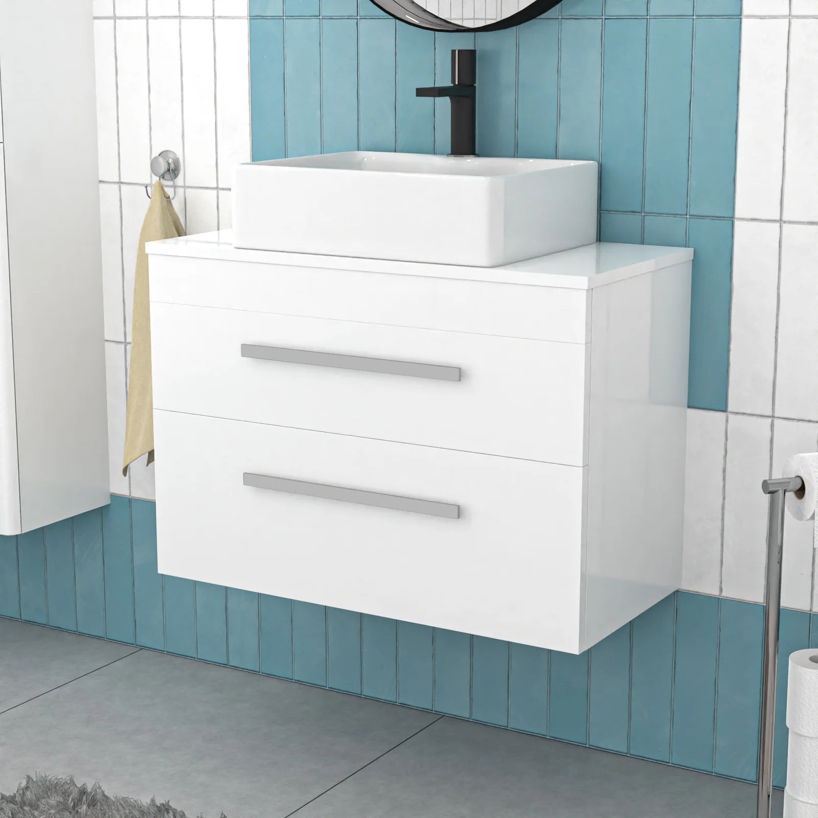Nanuya 800mm White Wall Hung 2 Drawers with Countertop 485mm Rectangular Basin and Worktop
