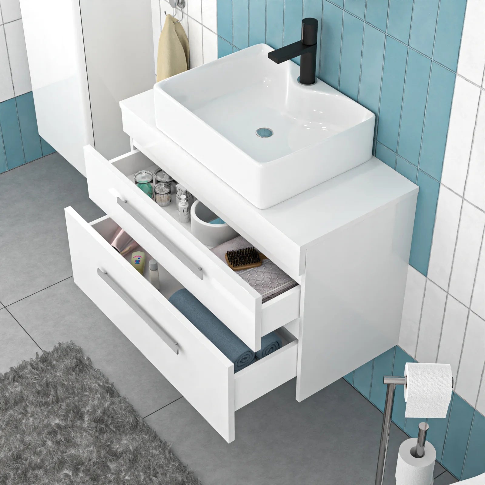 Nanuya 800mm White Wall Hung 2 Drawers with Countertop 485mm Rectangular Basin and Worktop
