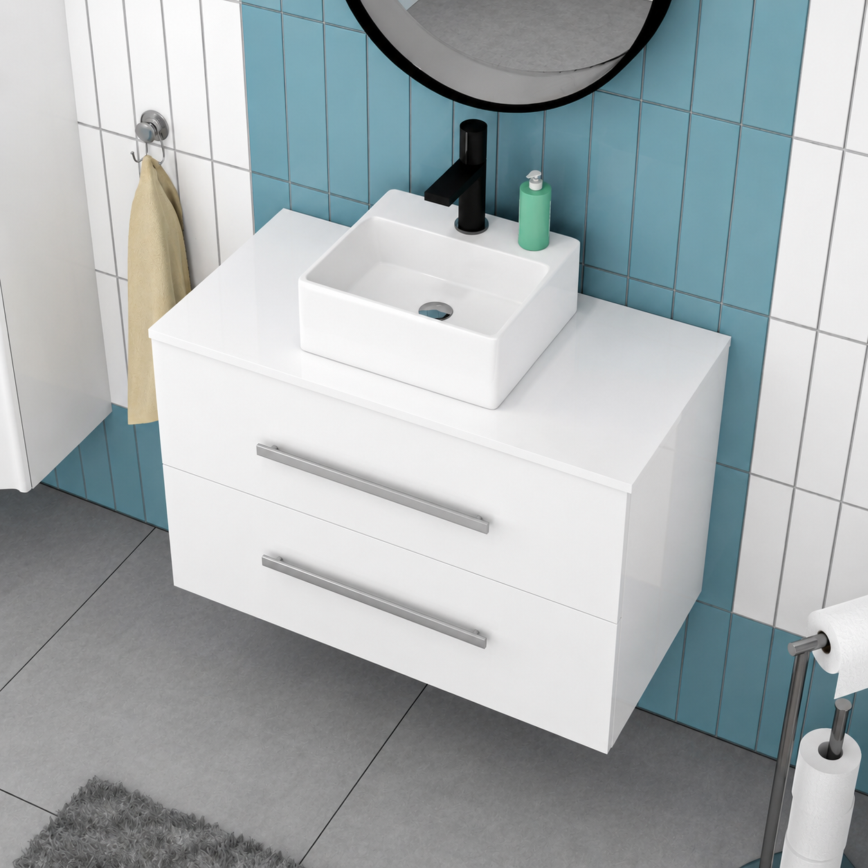 Nanuya 800mm White Wall Hung 2 Drawers with Countertop 420mm Rectangular Basin and Worktop