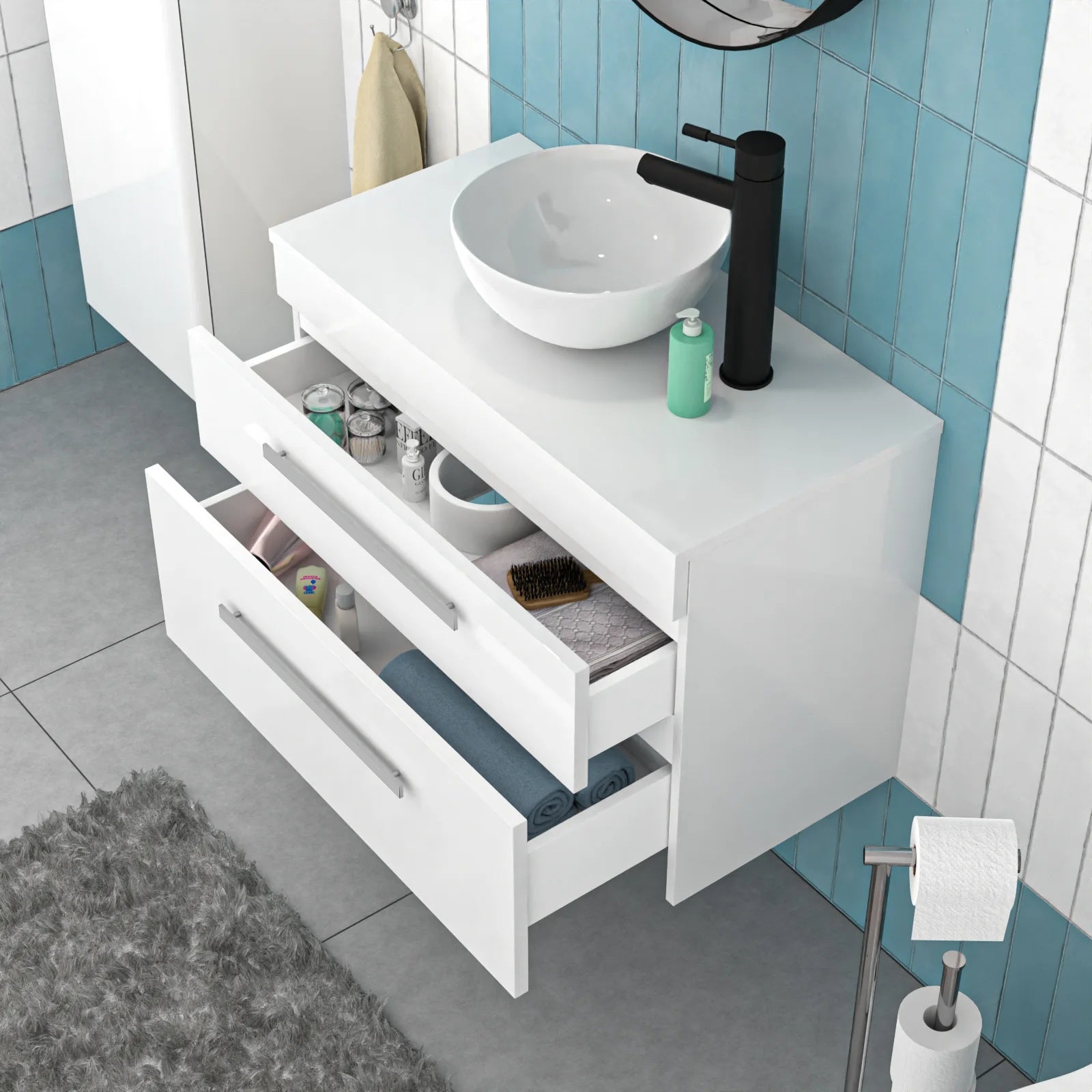 Nanuya 800mm White Wall Hung 2 Drawers with Countertop Round Basin and Worktop