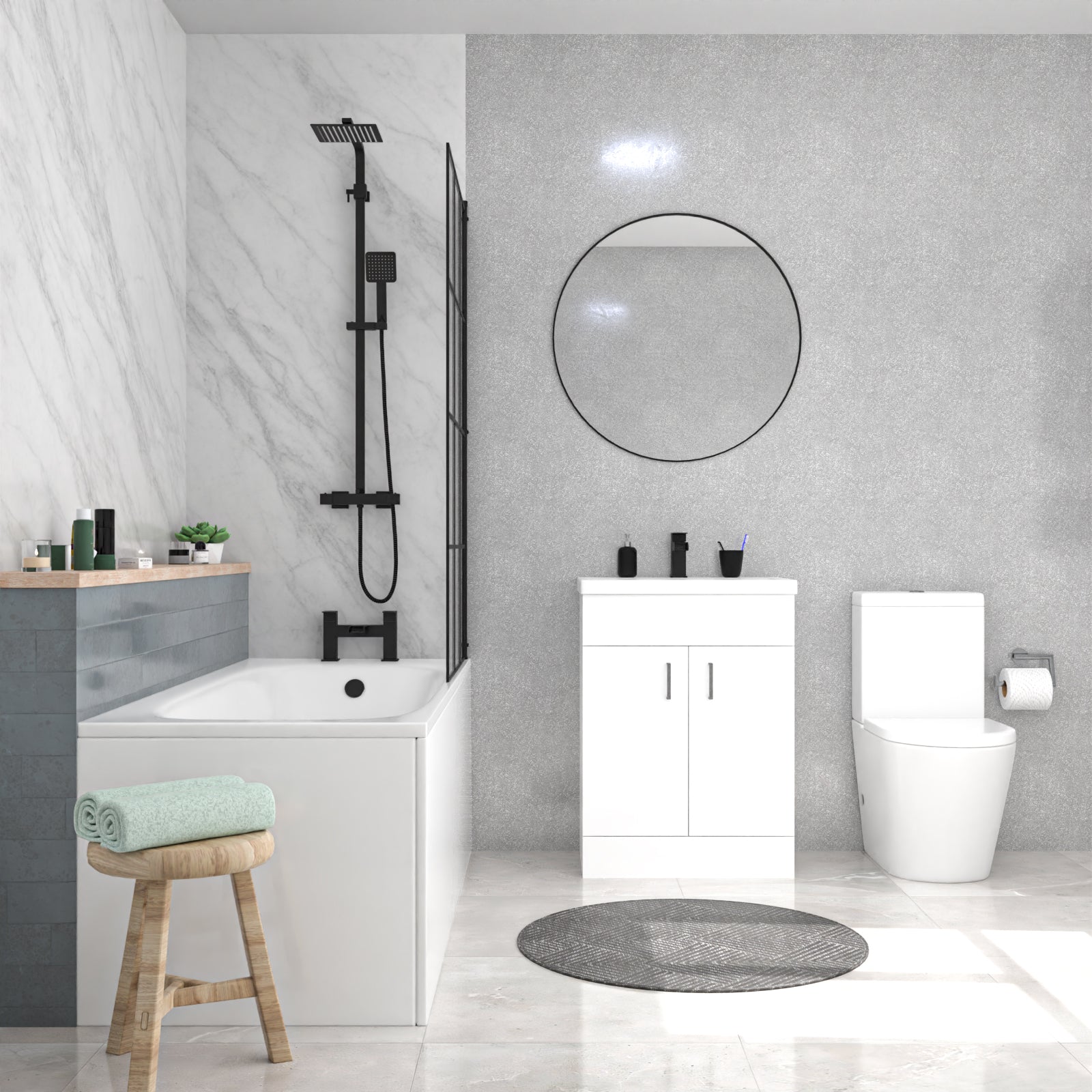 Round Toilet Vanity & Matt Black Shower Bath With Grid Bath Screen Set