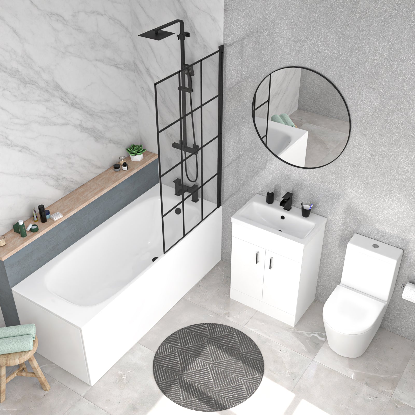 Round Toilet Vanity & Matt Black Shower Bath With Grid Bath Screen Set