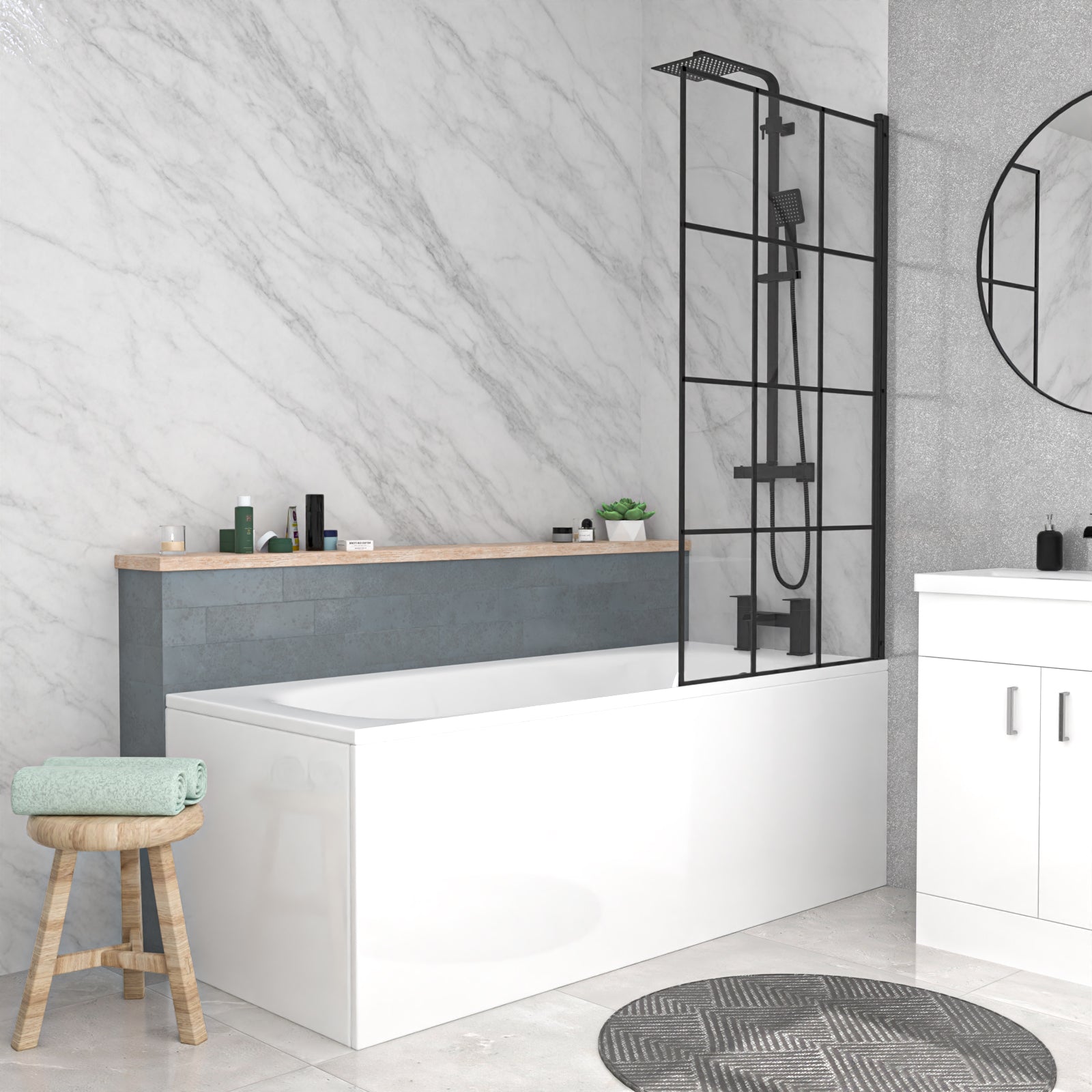 Round Toilet Vanity & Matt Black Shower Bath With Grid Bath Screen Set