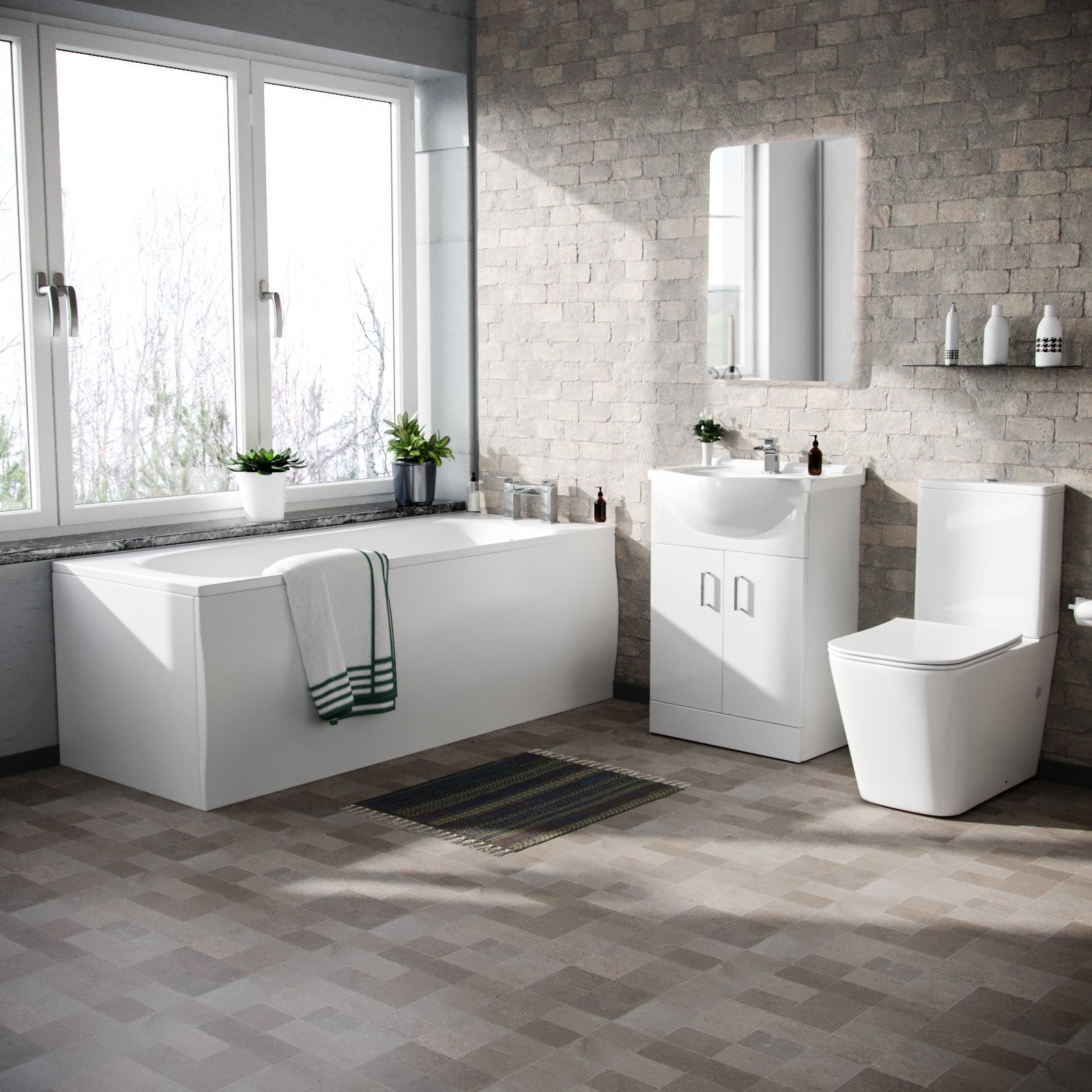 Cann White 550mm Floor Standing Basin Vanity Close Coupled Toilet and Round Bath