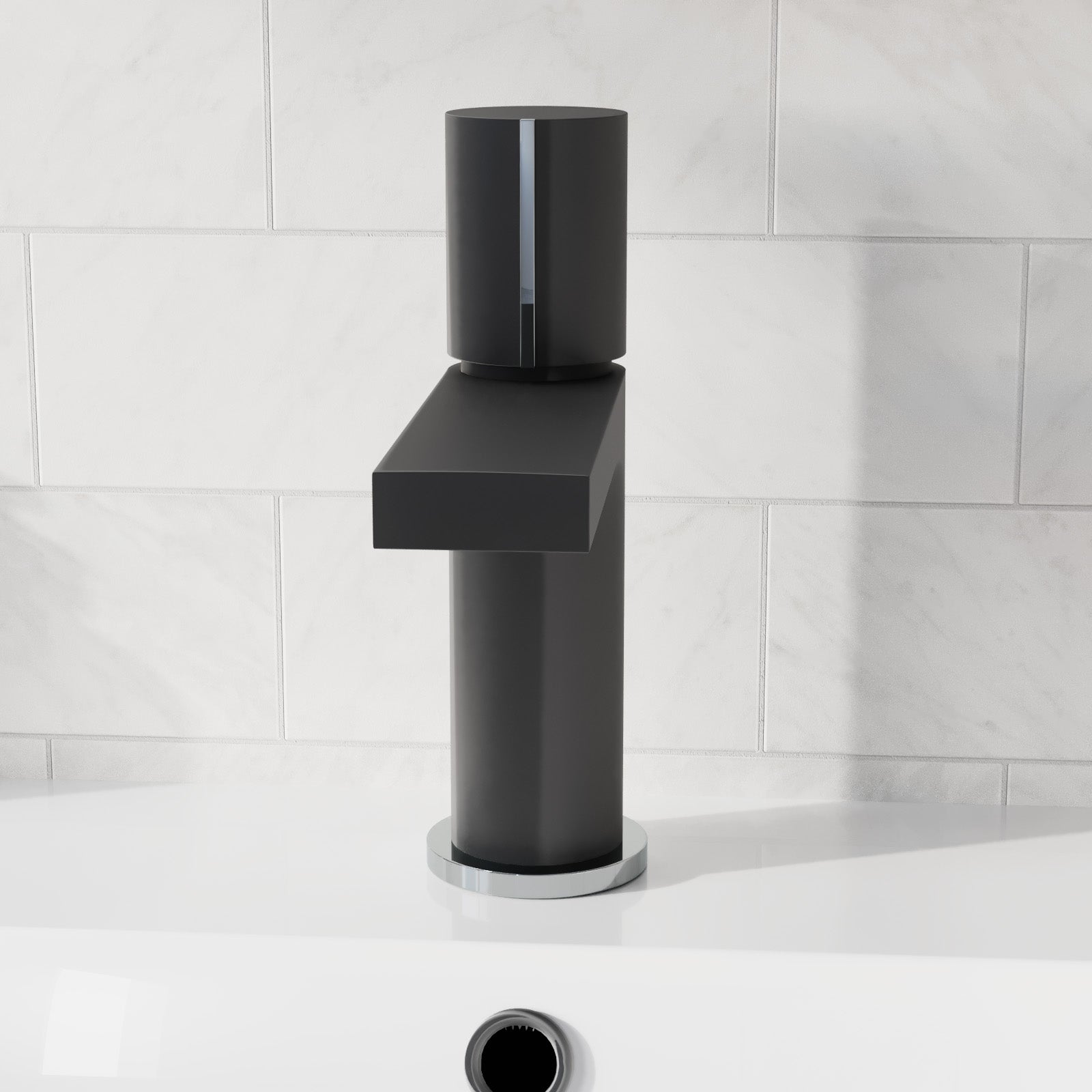 Arte Matt Black Handleless Futuristic Basin Mixer Tap Deck Mounted Brass Core