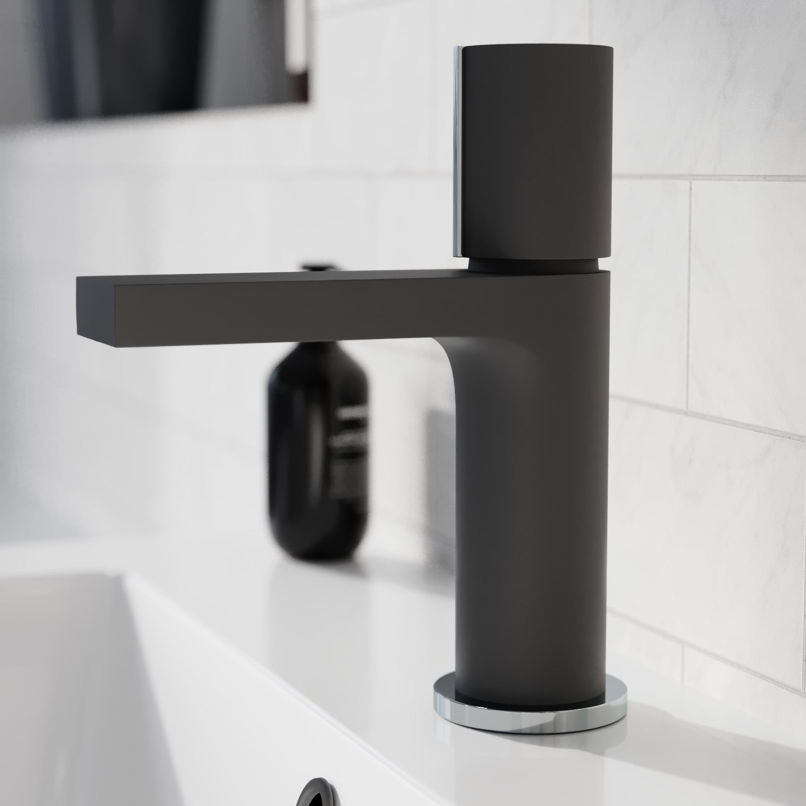 Arte Matt Black Handleless Futuristic Basin Mixer Tap Deck Mounted Brass Core