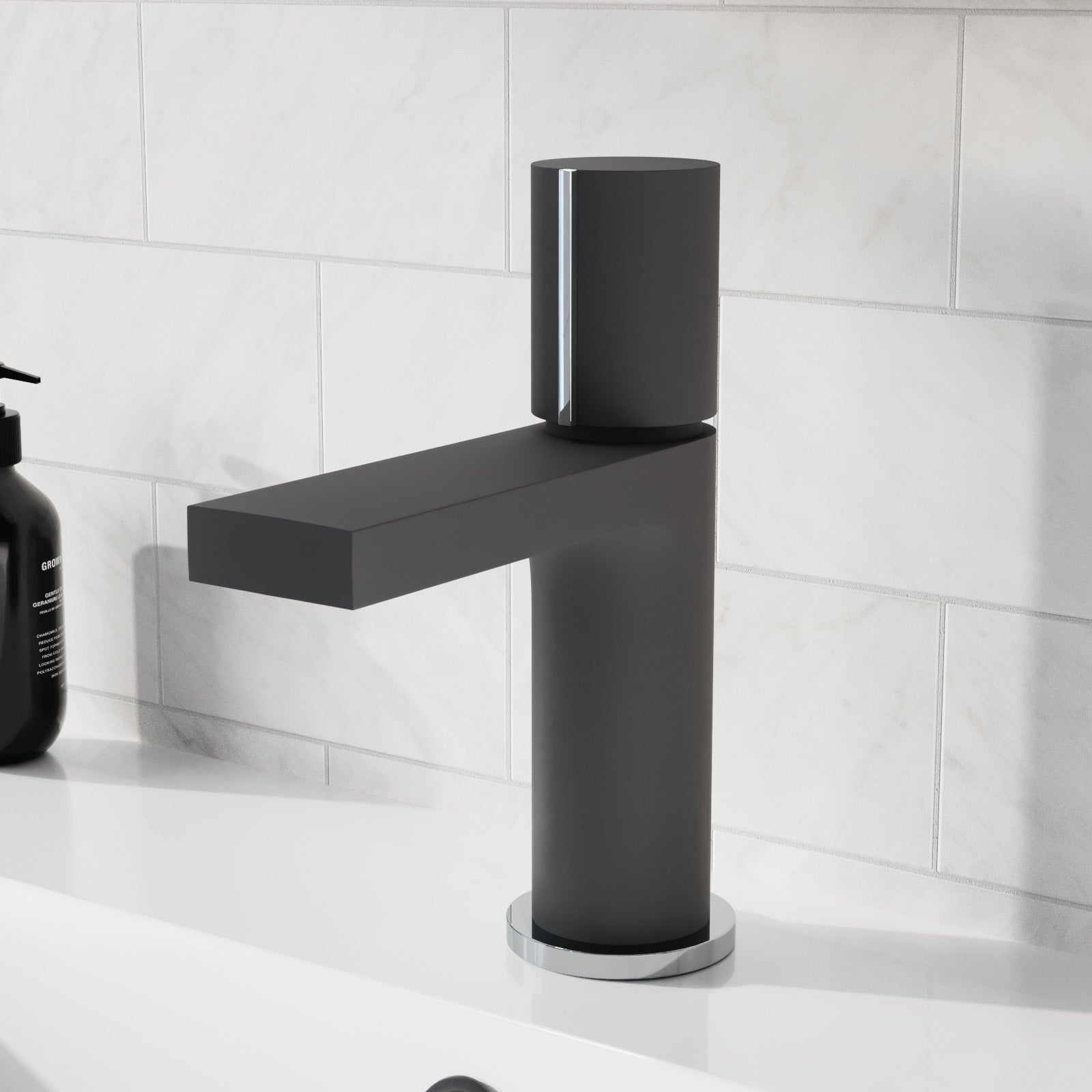Arte Matt Black Handleless Futuristic Basin Mixer Tap Deck Mounted Brass Core
