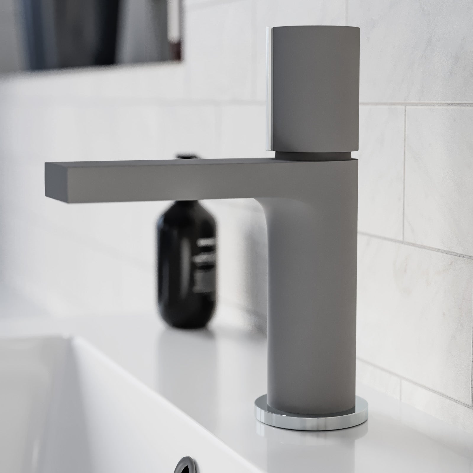 Matt Grey Futuristic Basin Mixer Tap Deck Mounted Brass Core