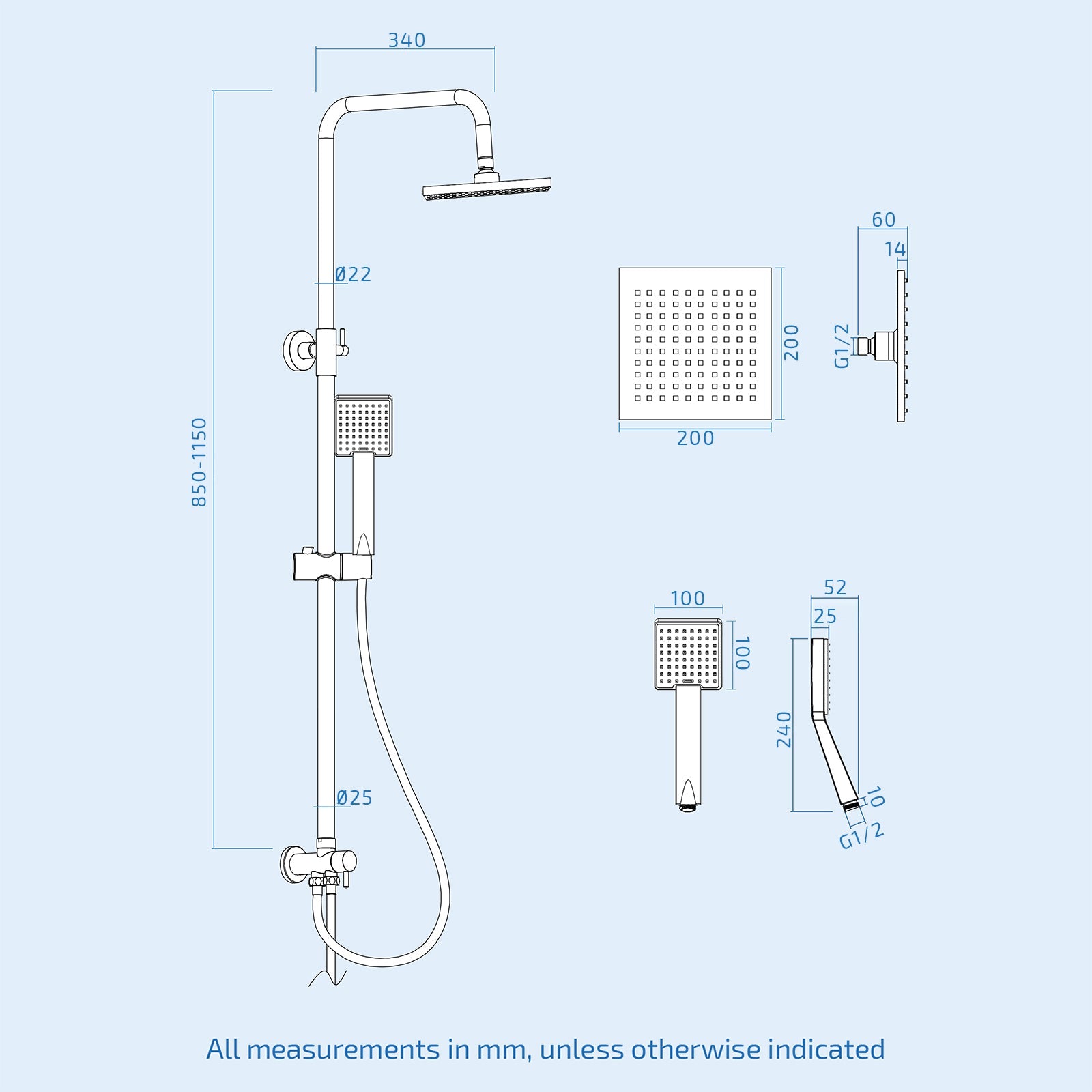 Square Chrome Exposed Shower Mixer Thermostatic Riser Rail & Handset