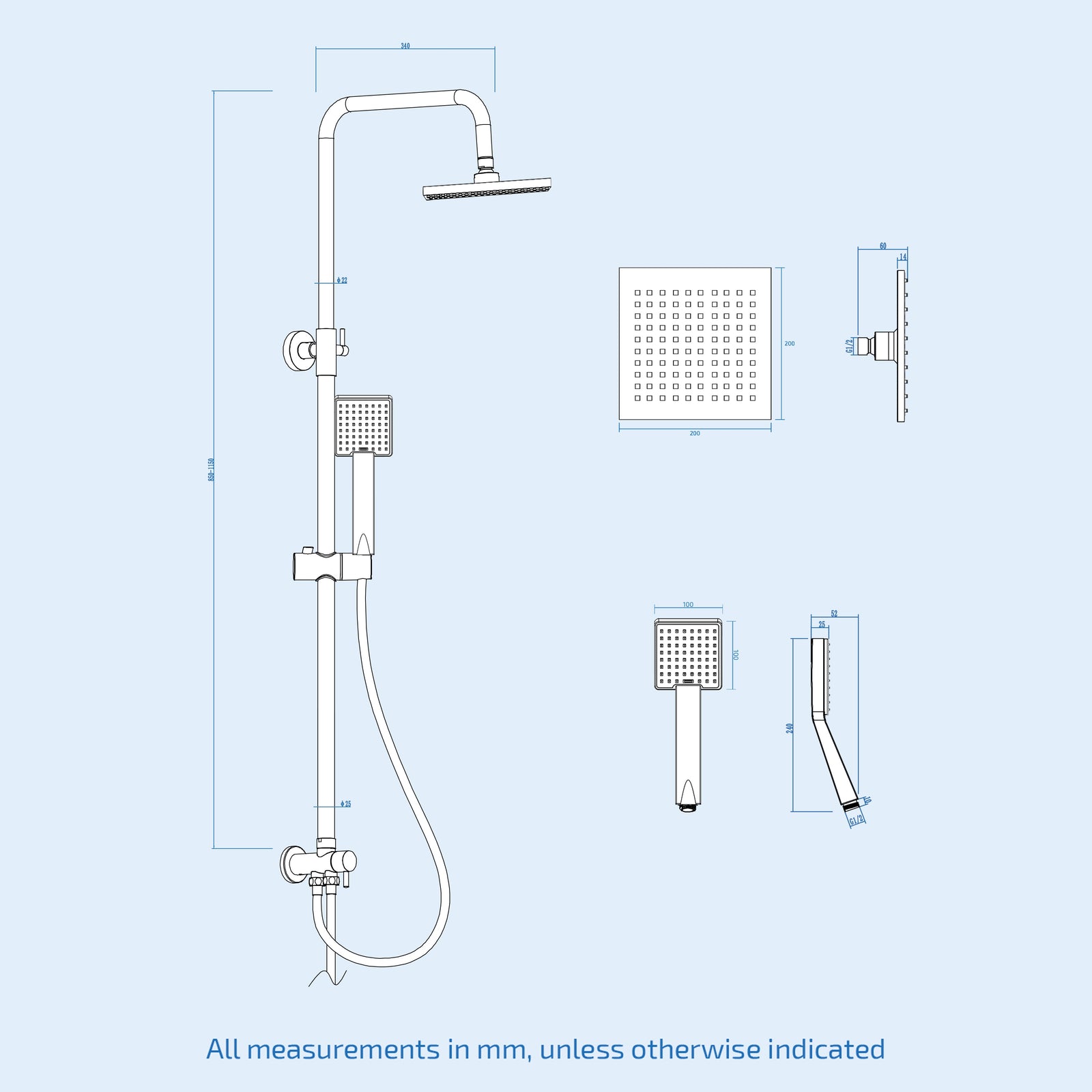 Matt Black Square Exposed Bathroom Shower Mixer Twin Head Set