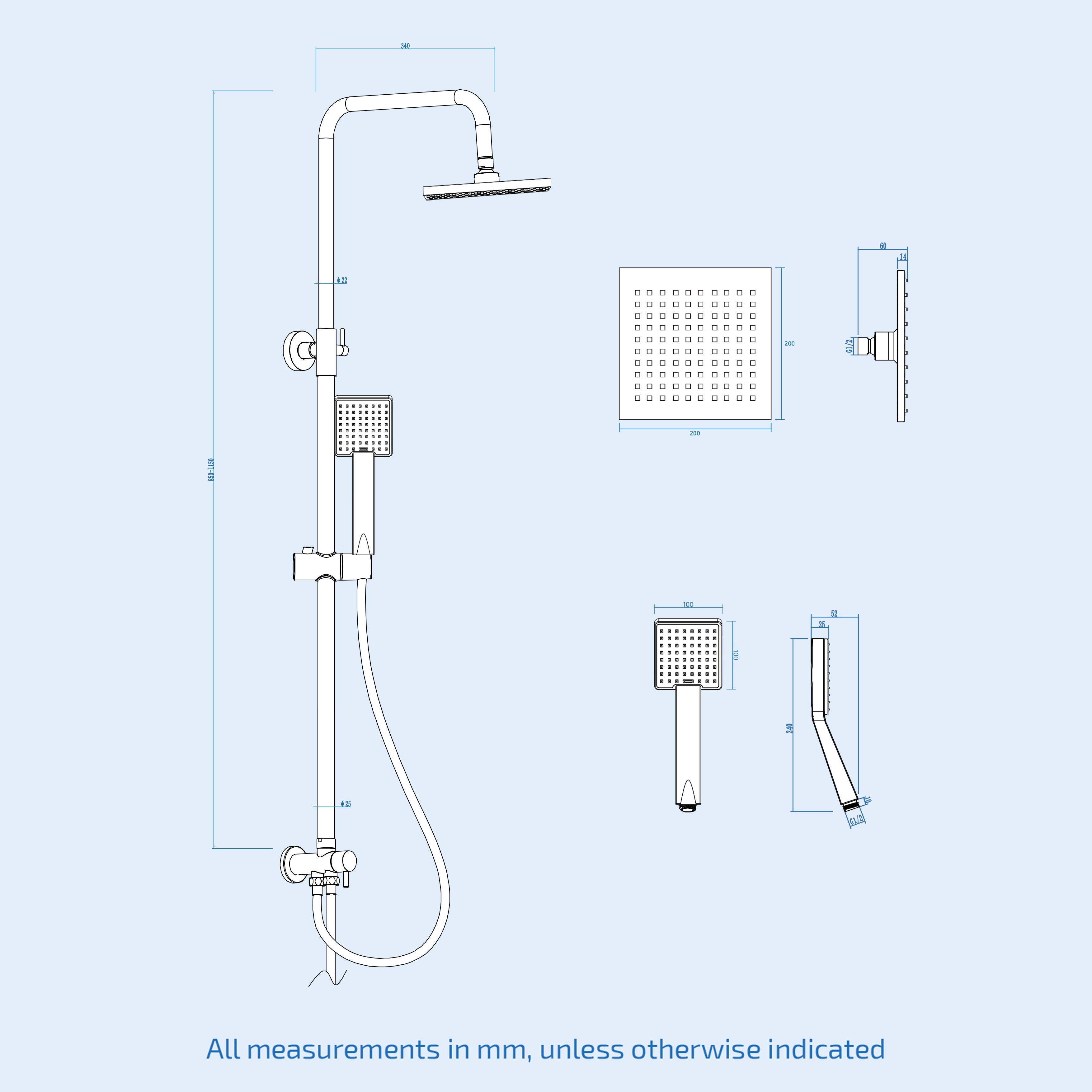 Matt Black Square Exposed Bathroom Shower Mixer Twin Head Set