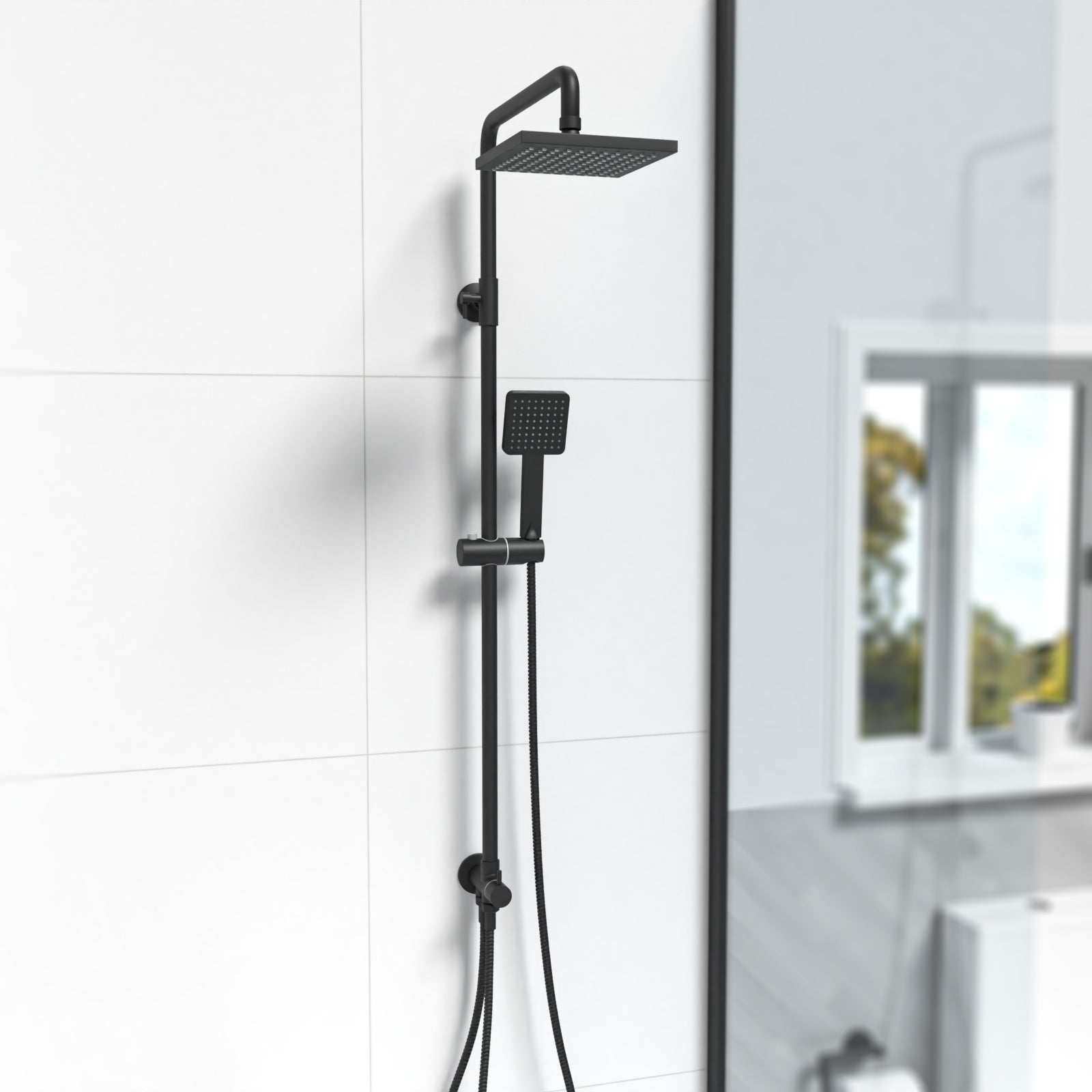 Matt Black Square Exposed Bathroom Shower Mixer Twin Head Set