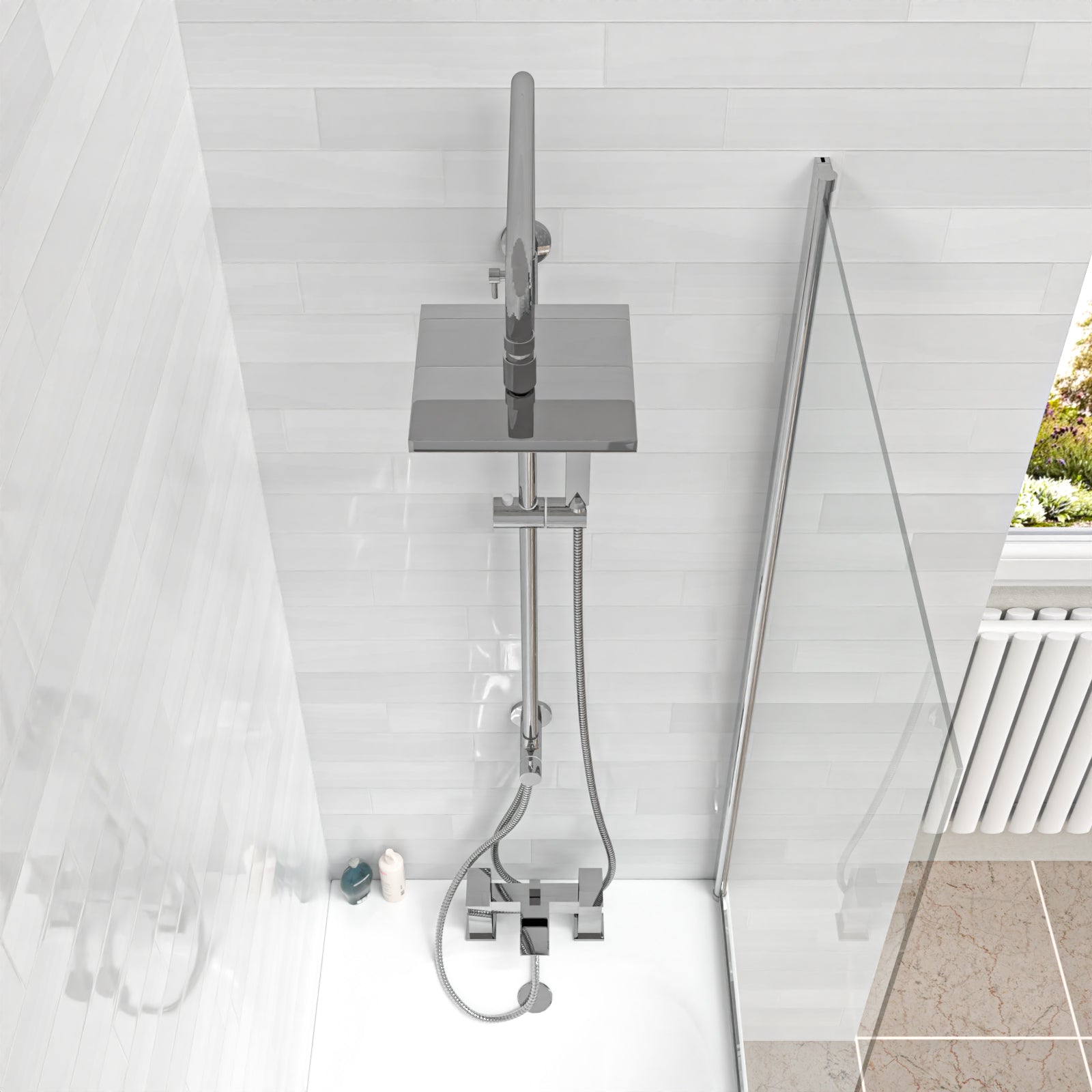 Square Chrome 2 Ways Exposed Shower Mixer Riser Rail & Handset