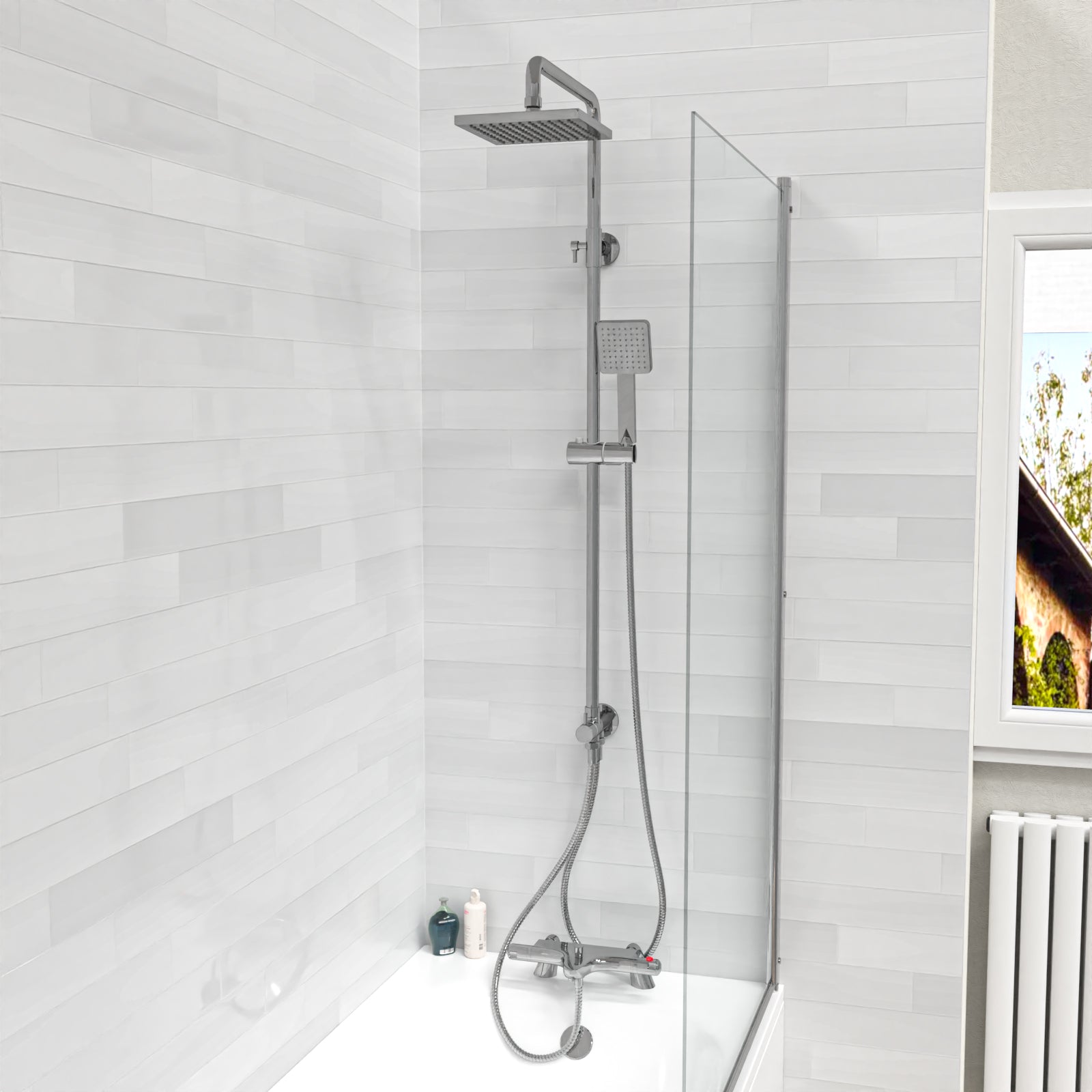 Square Chrome Exposed Shower Mixer Thermostatic Riser Rail & Handset