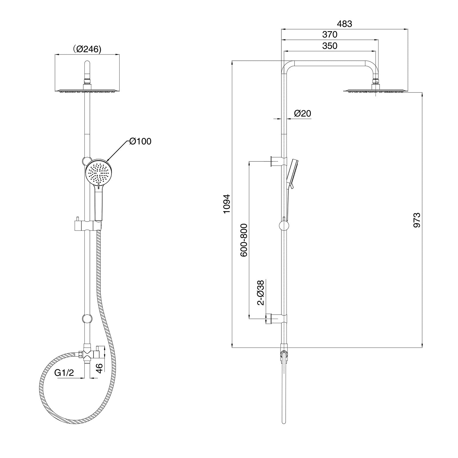 Kinver Modern Exposed Round Shower Mixer Handset & Riser Rail Kit Chrome