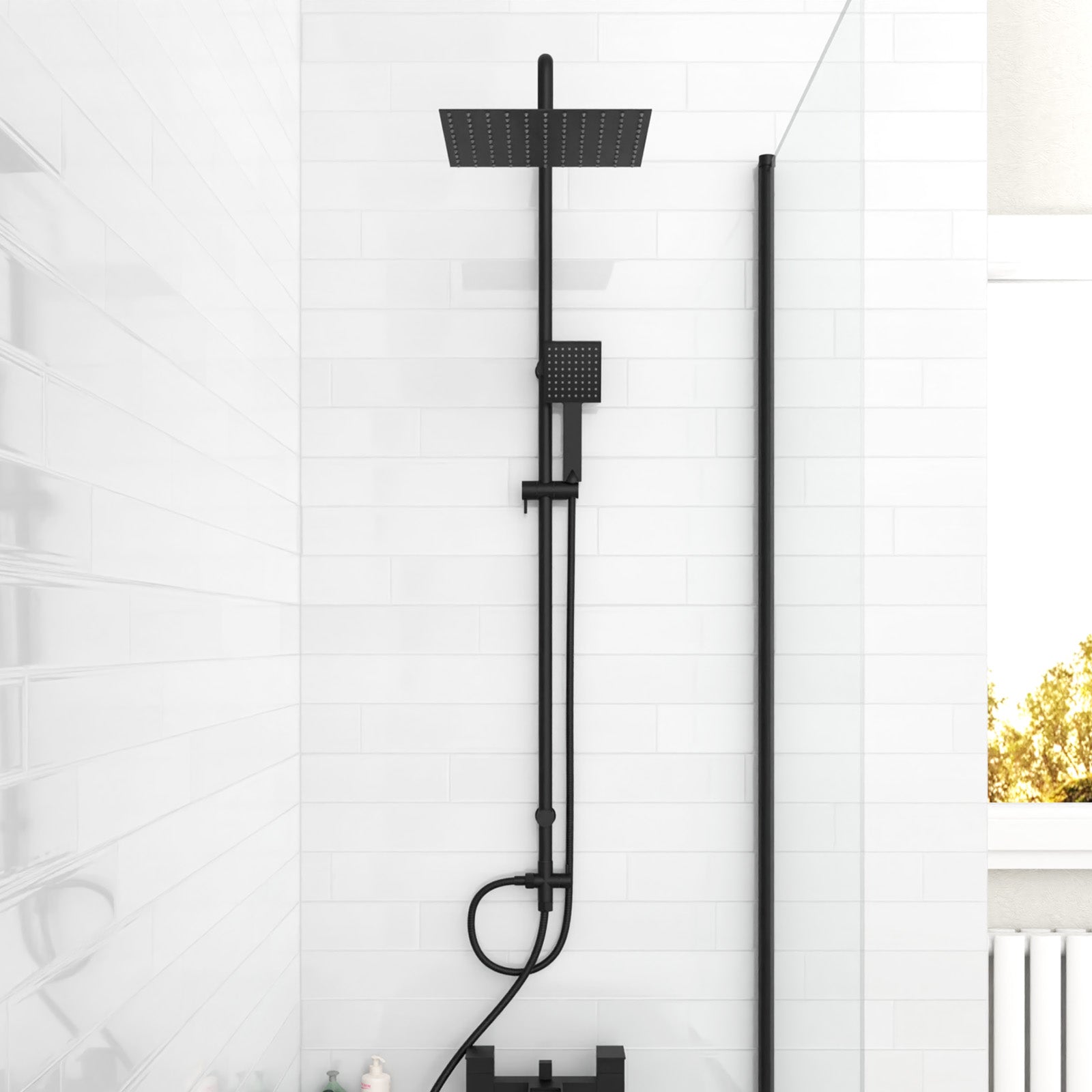 Kinver Modern Exposed Square Shower Mixer Handset & Riser Rail Kit Matte Black
