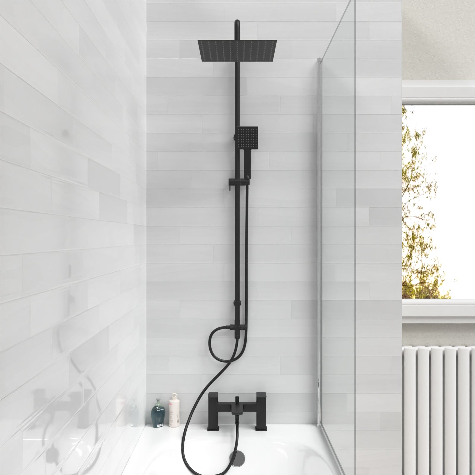 Kinver Square Shower Riser Rail Kit With Bath Mixer & Handset Matte Black