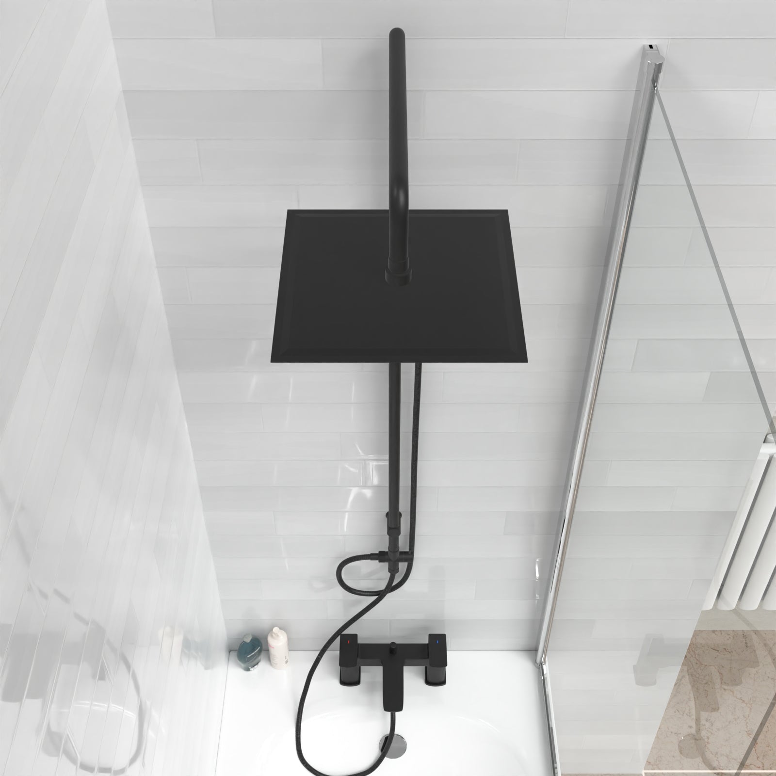 Kinver Square Shower Riser Rail Kit With Bath Mixer & Handset Matte Black