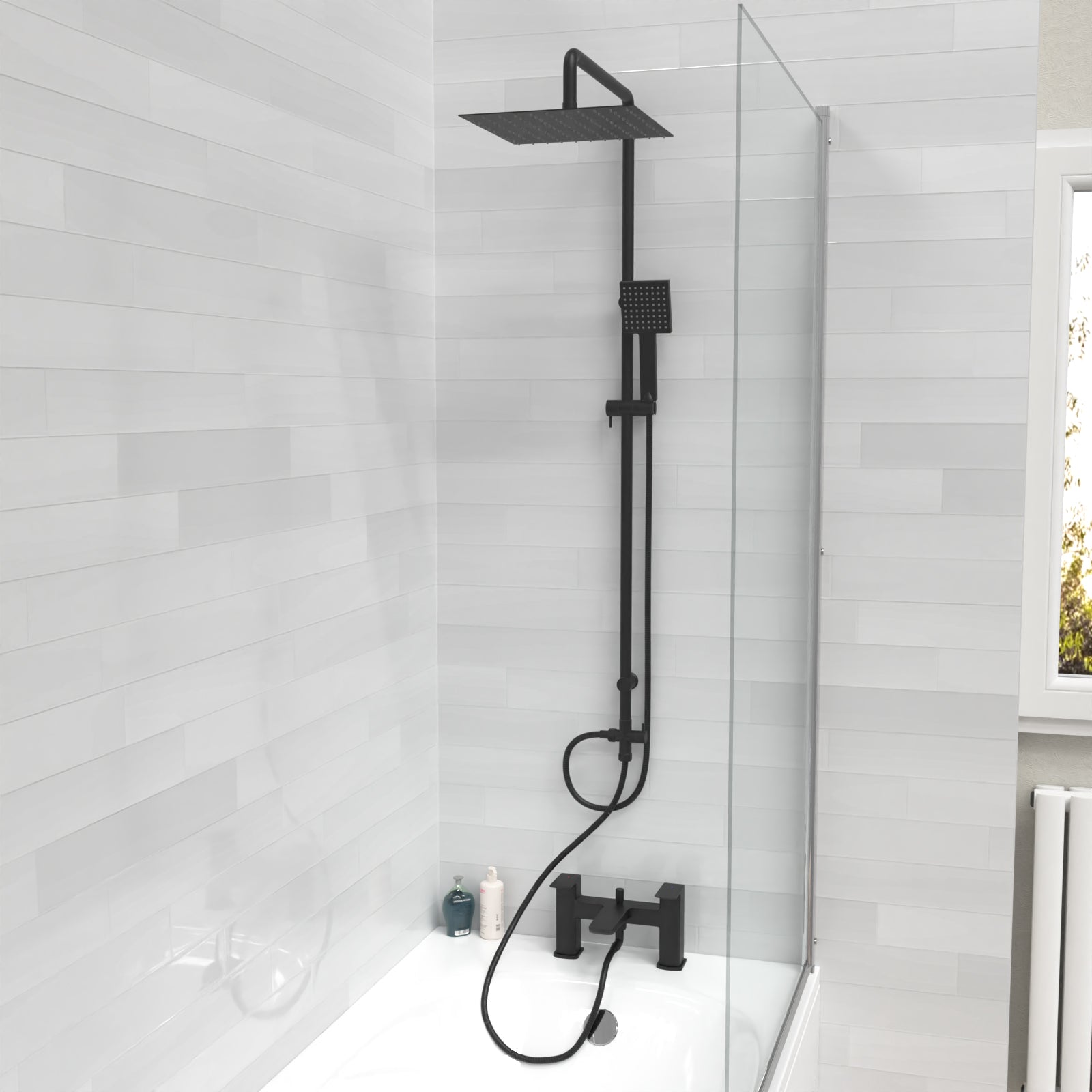 Kinver Square Shower Riser Rail Kit With Bath Mixer & Handset Matte Bl