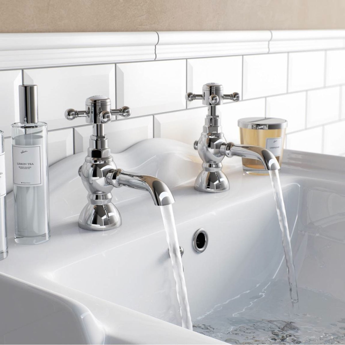 Churchill Traditional Set Of Hot & Cold Basin Taps And Bath Shower Mixer Tap With Handheld Kit