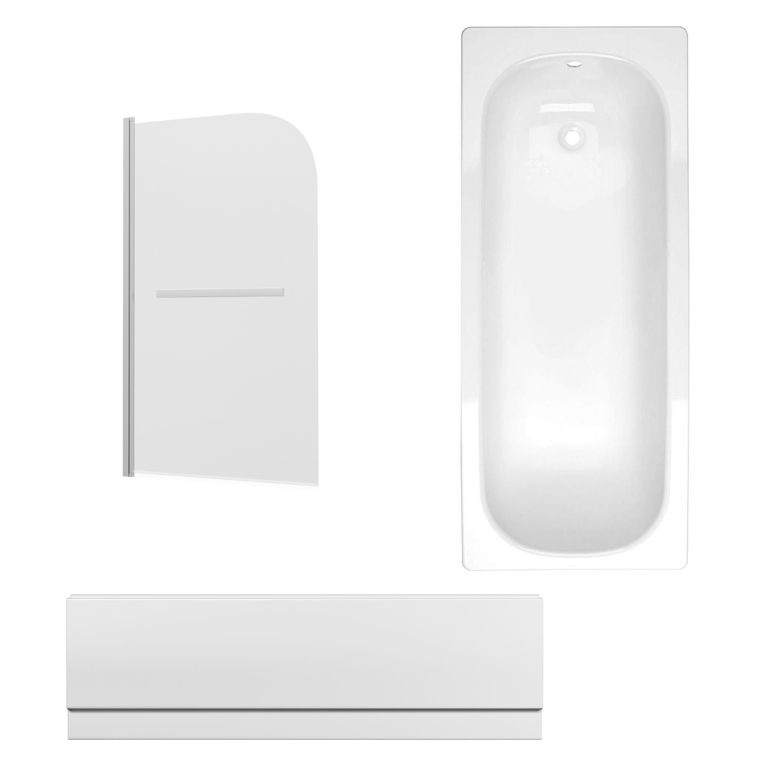 1700mm White Single Ended Bathtub + 800mm x 1400mm Round Shower Screen + 1700mm Bath Front Panel