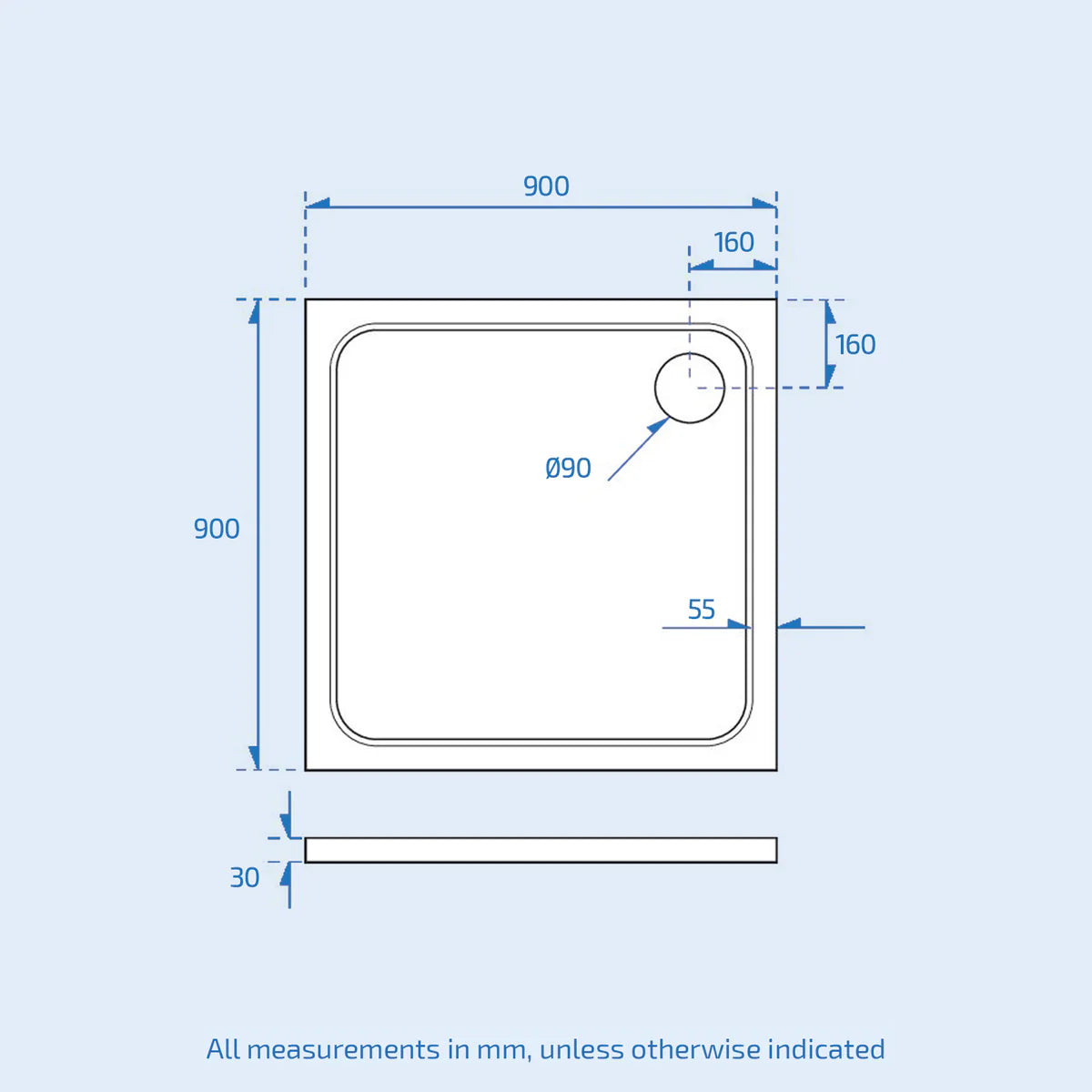 900 X 900 Square Resin Shower Tray 30mm Thick For Wetroom Enclosure