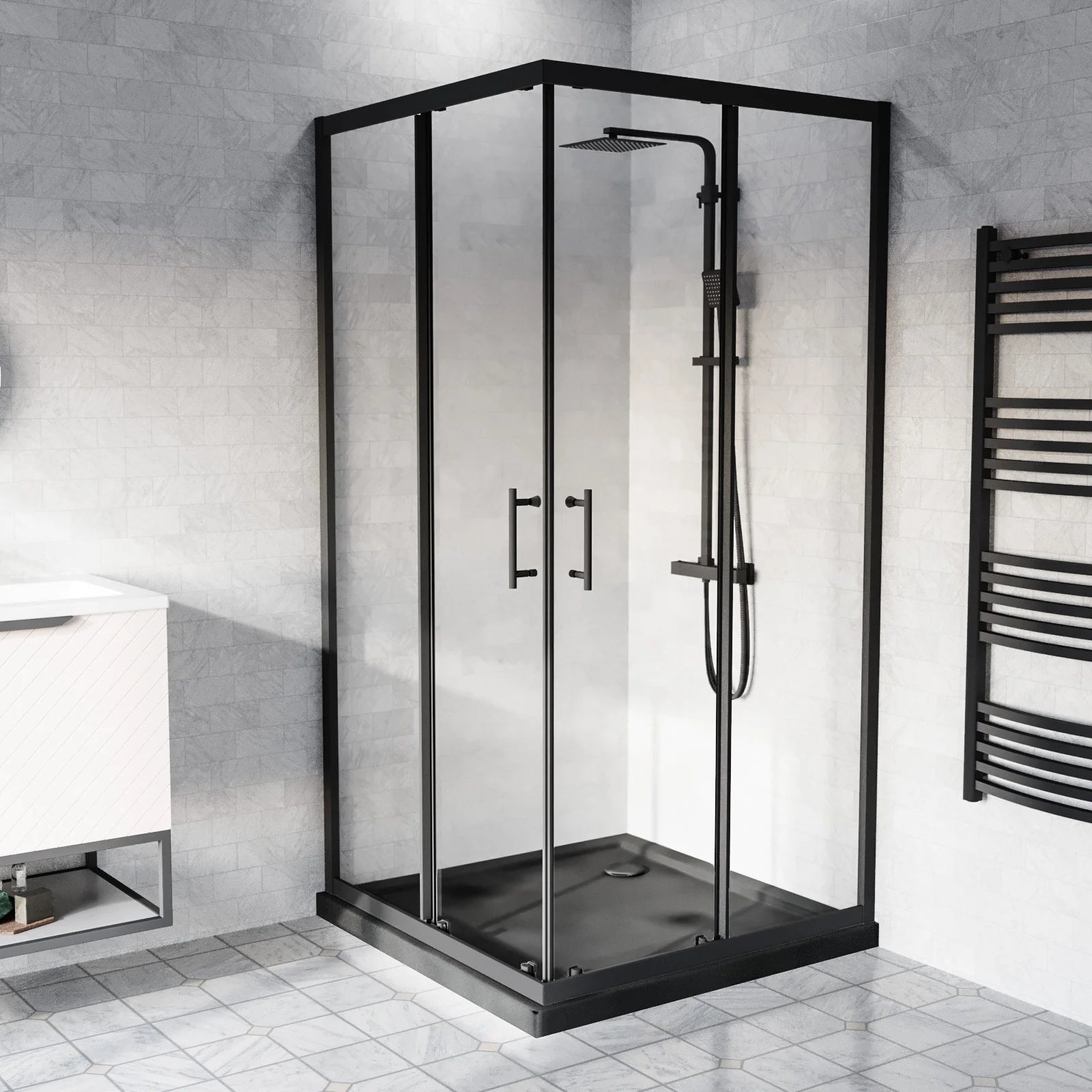 800mm Matte Black Corner Shower Enclosure With 800mm Slate Grey Shower Tray