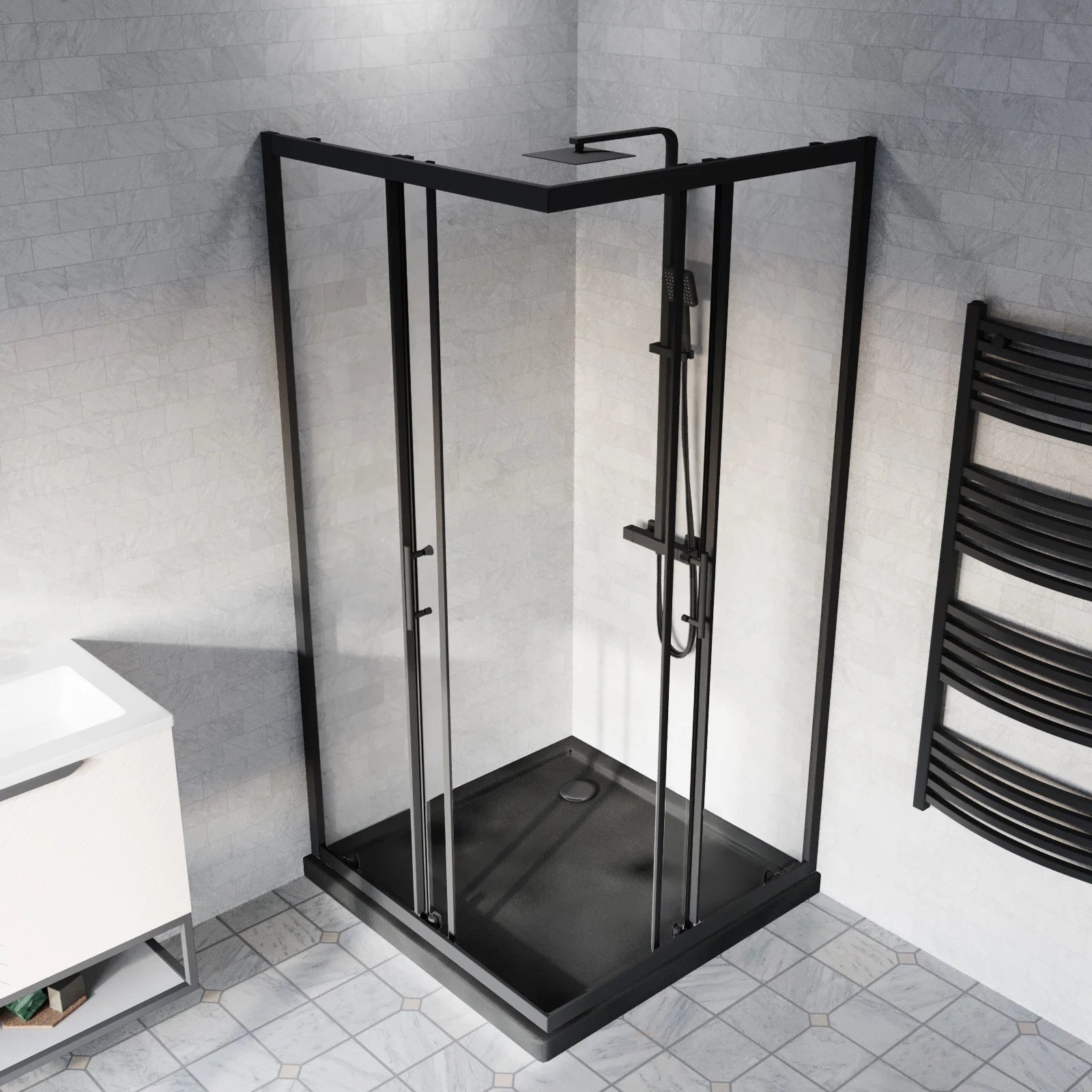 800mm Matte Black Corner Shower Enclosure With 800mm Slate Grey Shower Tray
